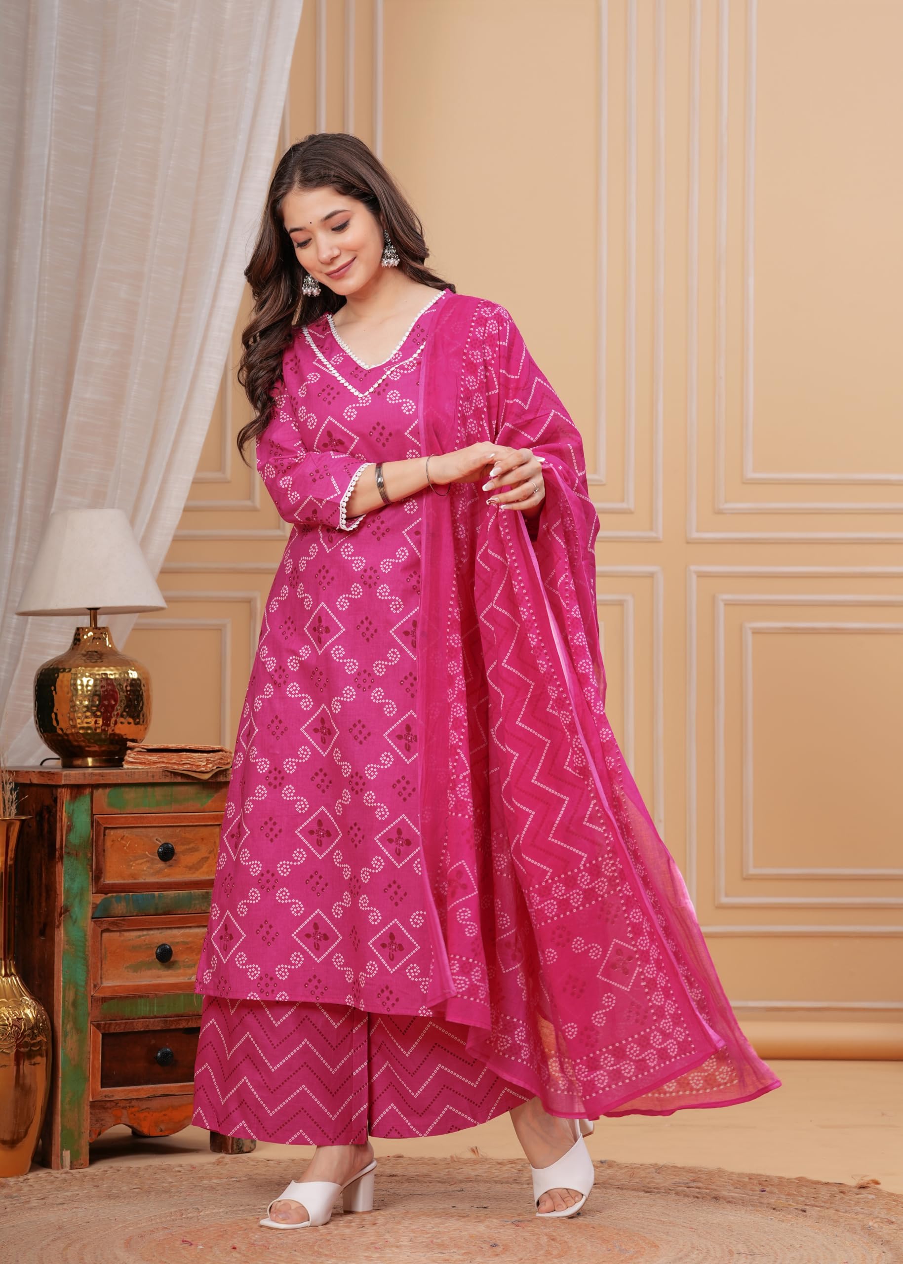 MEERA FAB Women Bandhani Printed Kurta with Palazzo & Dupatta - Pink - Image 3