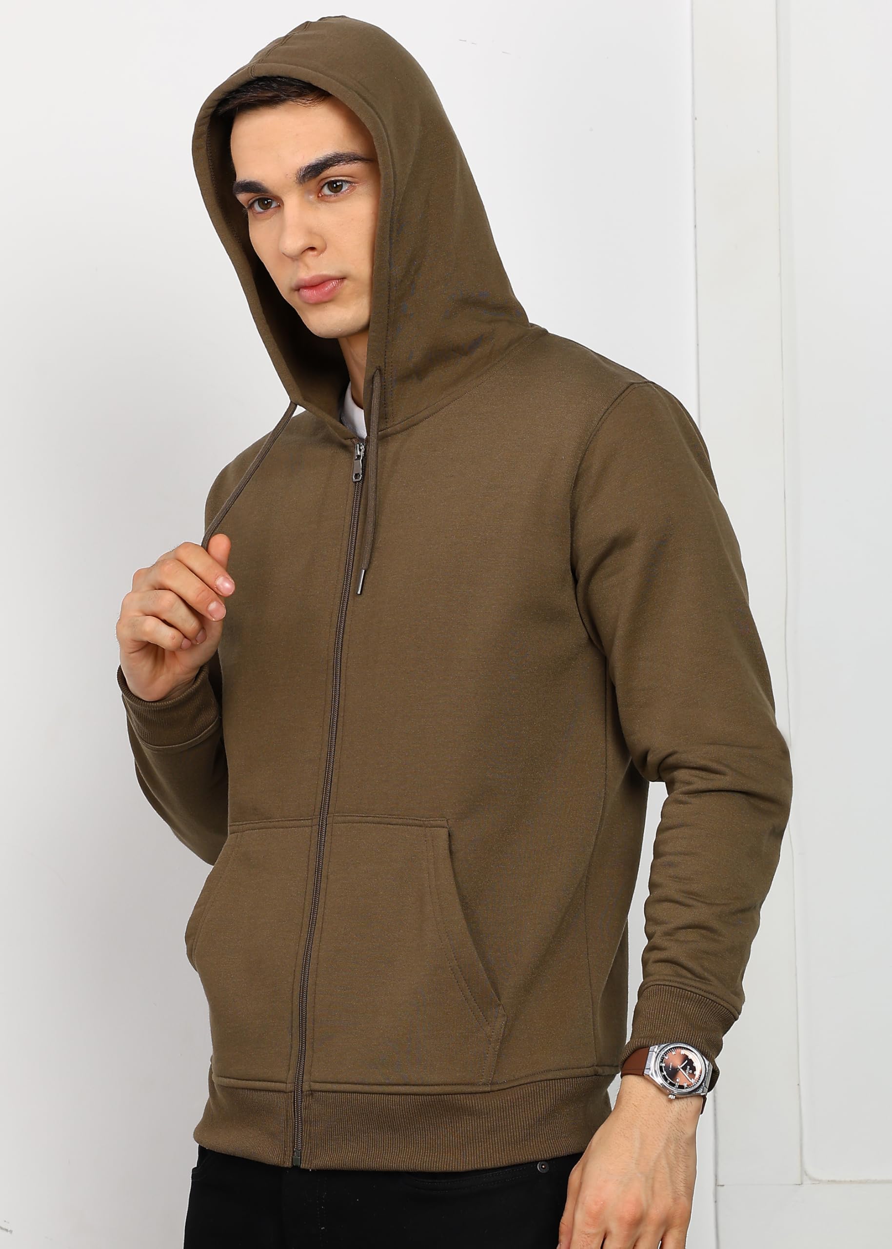 Dark Khaki Zip-Up Hoodie Jacket for Men - Image 4
