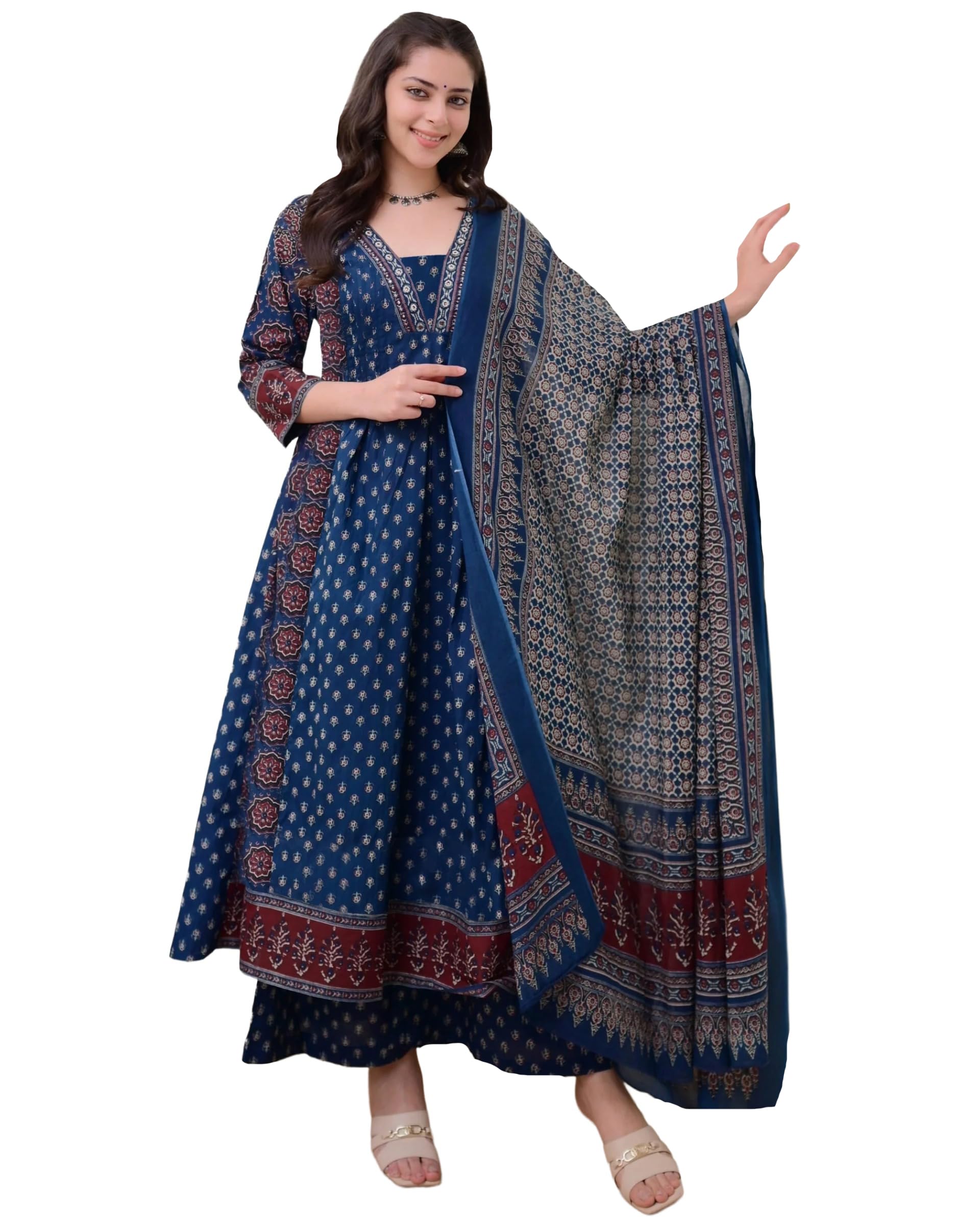 ANNI DESIGNER Ajrakh Printed Anarkali Kurta Set for Women - Blue