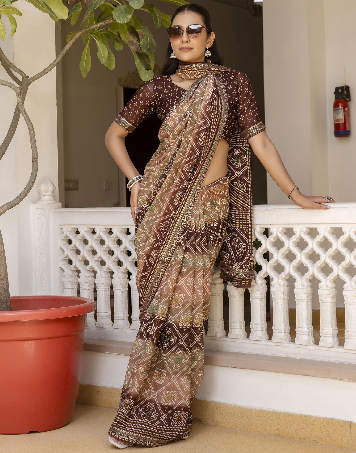 SIRIL Women's Georgette Bandhani Printed Saree - Brown - Image 3