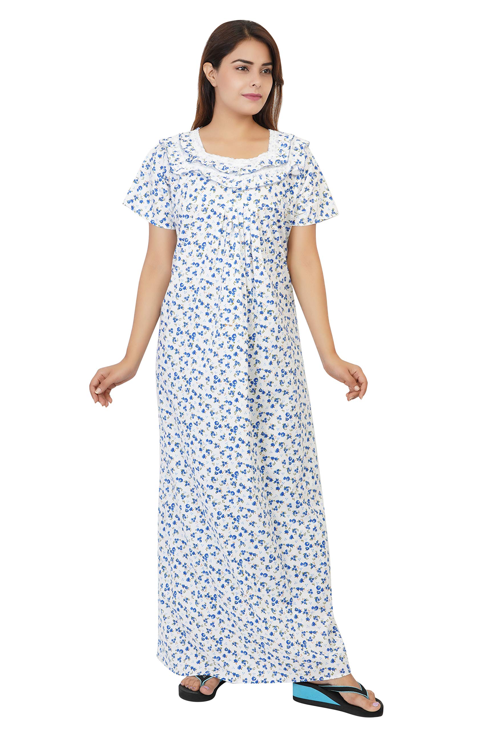 Himanshu Handloom Cotton Block Print Maxi Nighty for Women - Cherry Blue