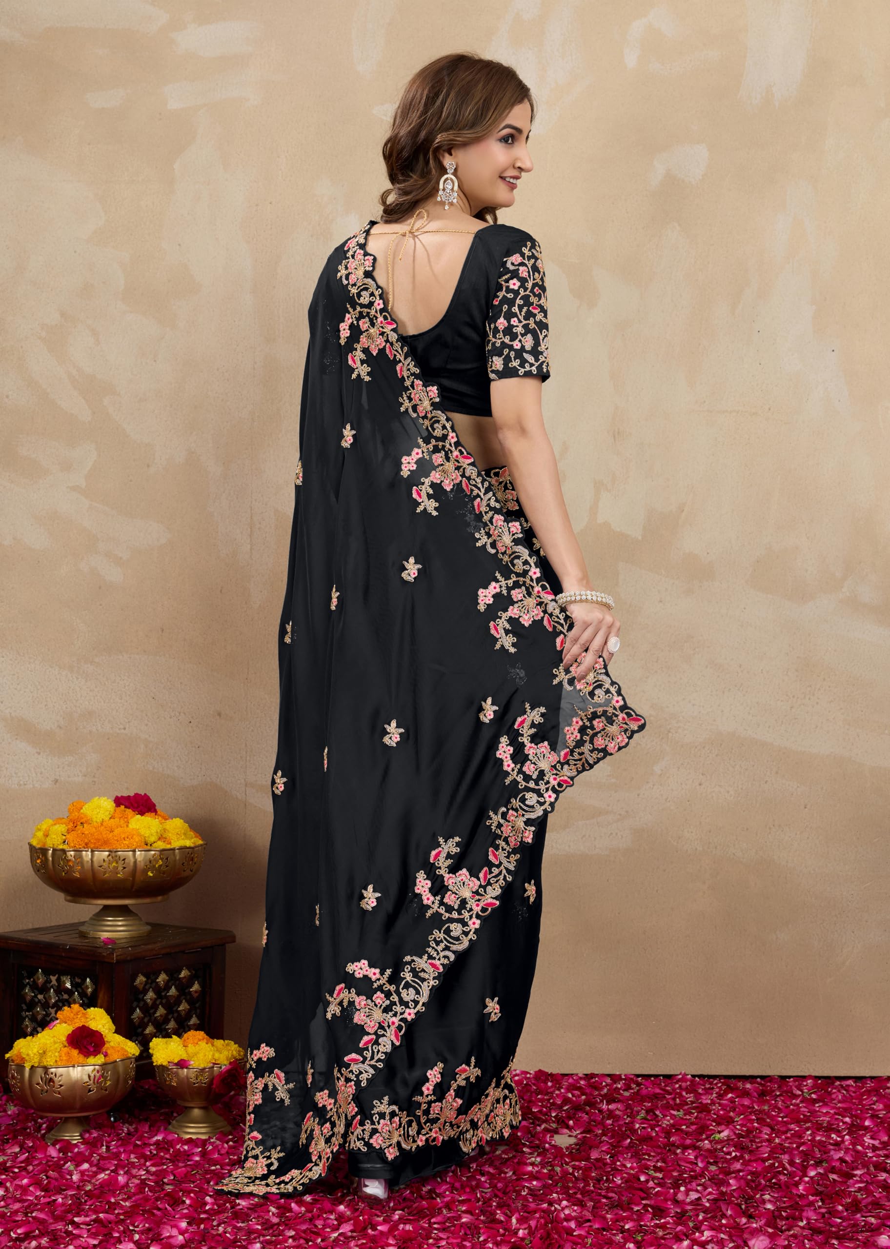 TRENDMALLS Women's Rangoli Silk Embroidred Saree - Black - Image 2