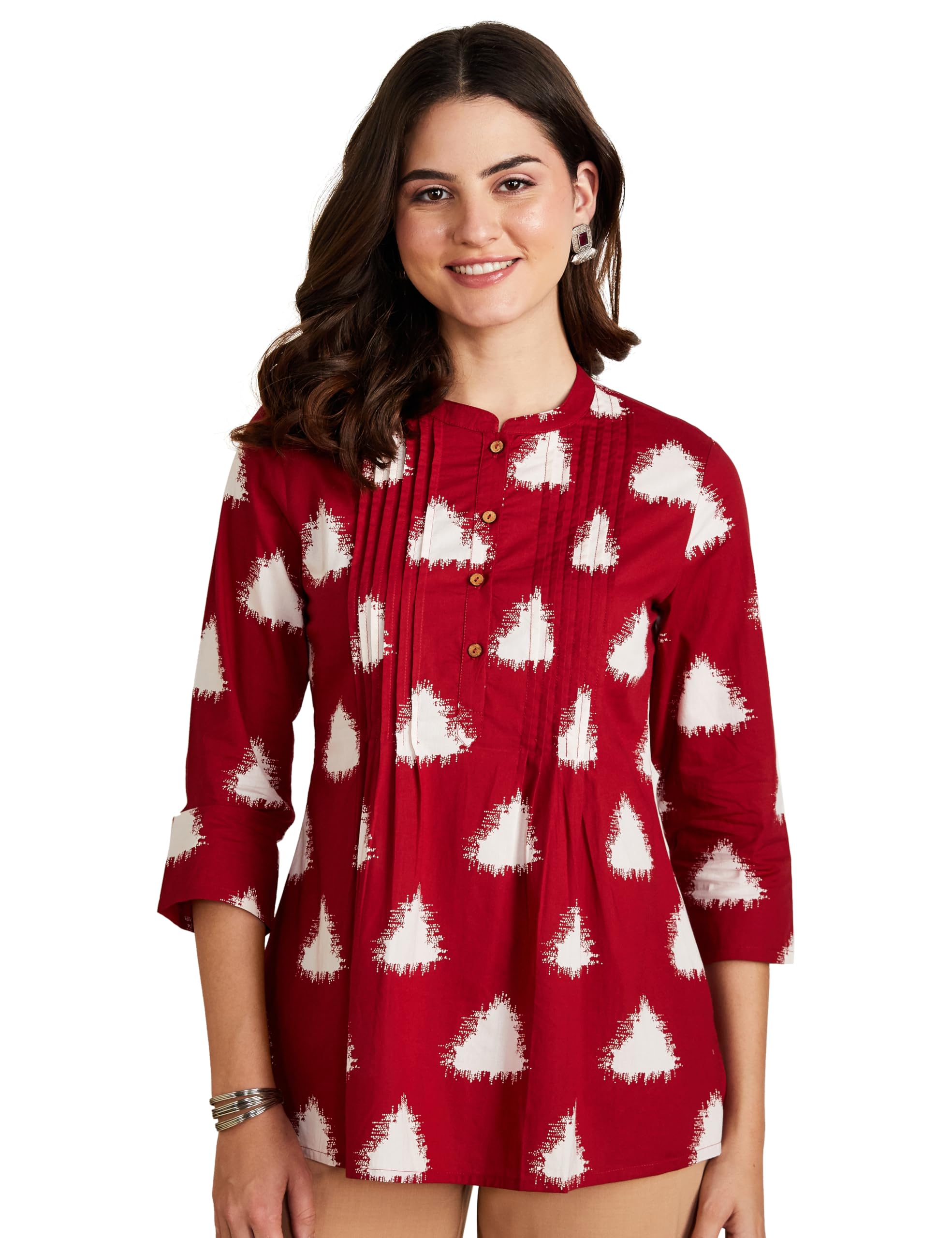 Myx Red Triangle Printed Cotton A-Line Kurti for Women