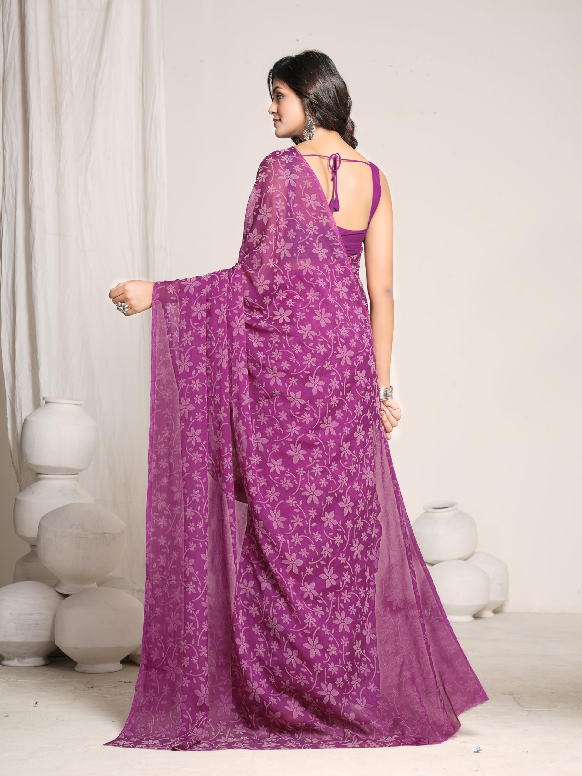 Garden Vareli Chiffon Viscose Floral Saree - Magenta - Image 3