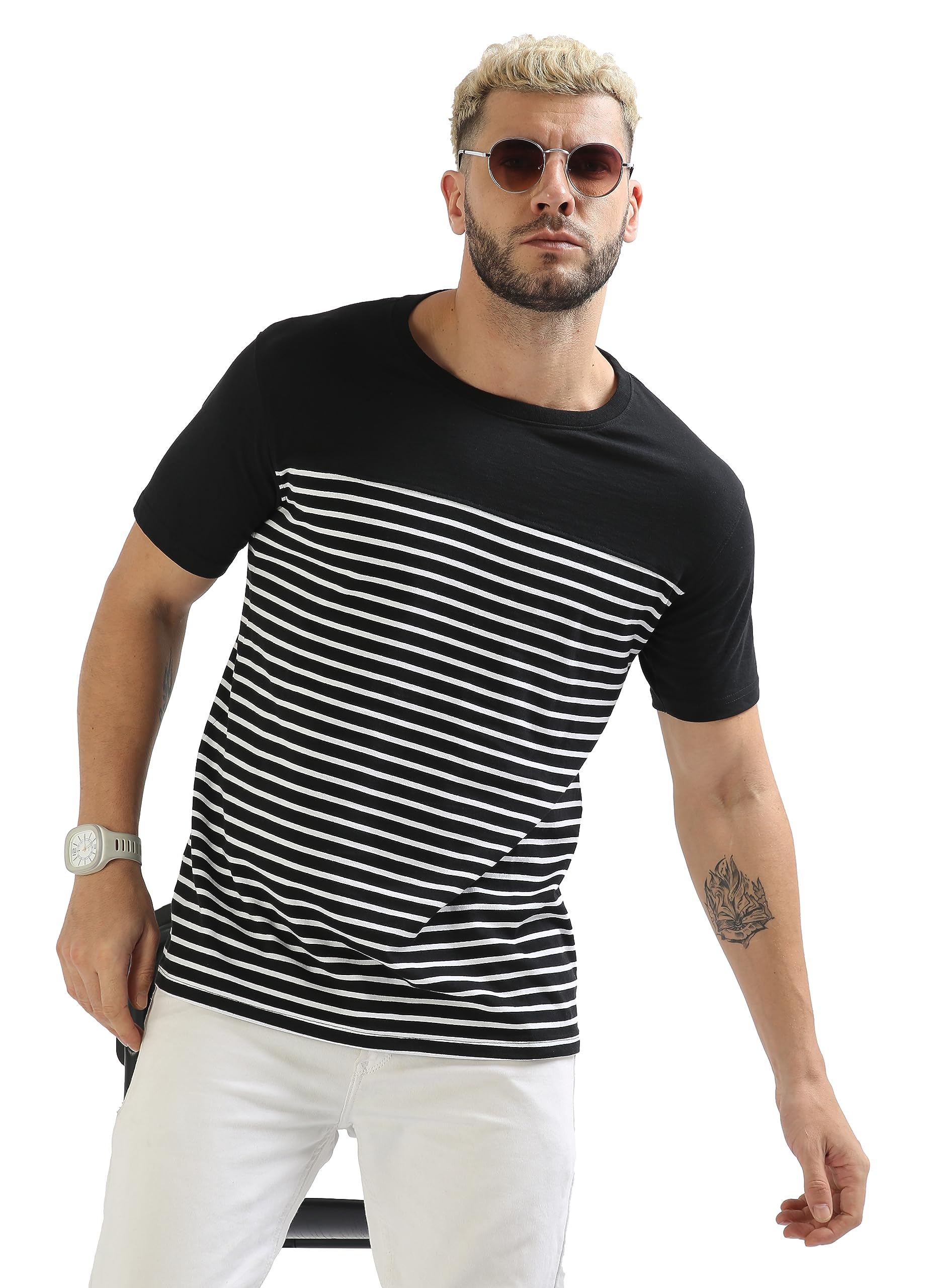fanideaz Mens Cotton Half Sleeve Striped T Shirt - Black White - Image 2