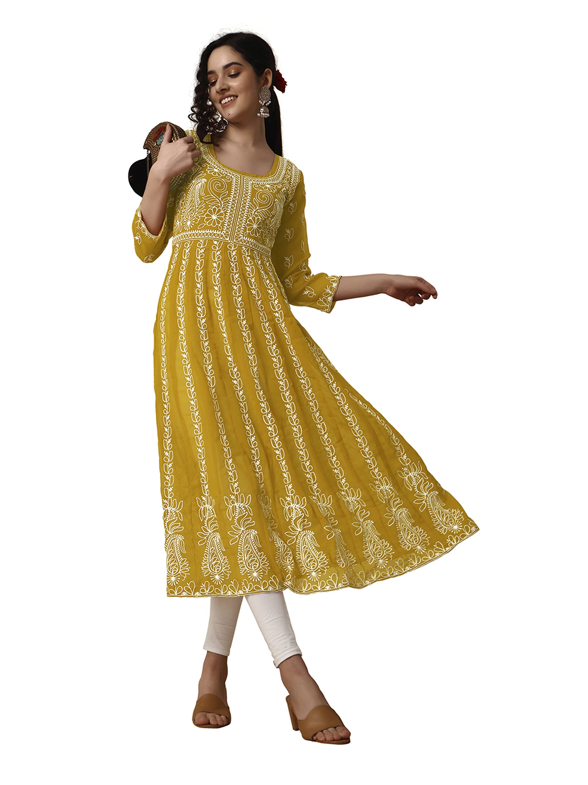 EthnicJunction Women Georgette Chikankari Embroidered Anarkali Kurta - Mustard