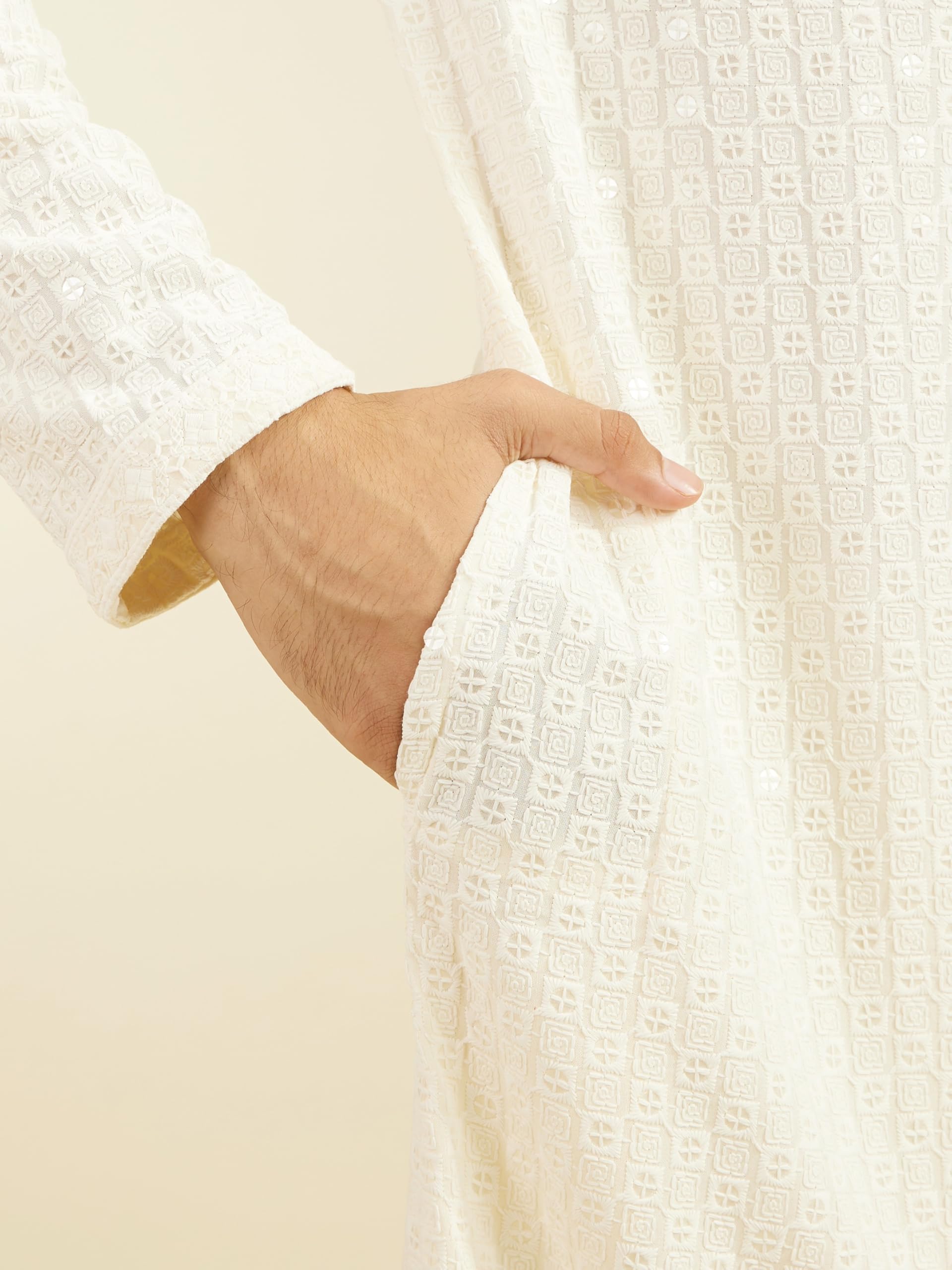 DIWAS Men's Cream Kurta with Chikankari & Sequin - Image 4