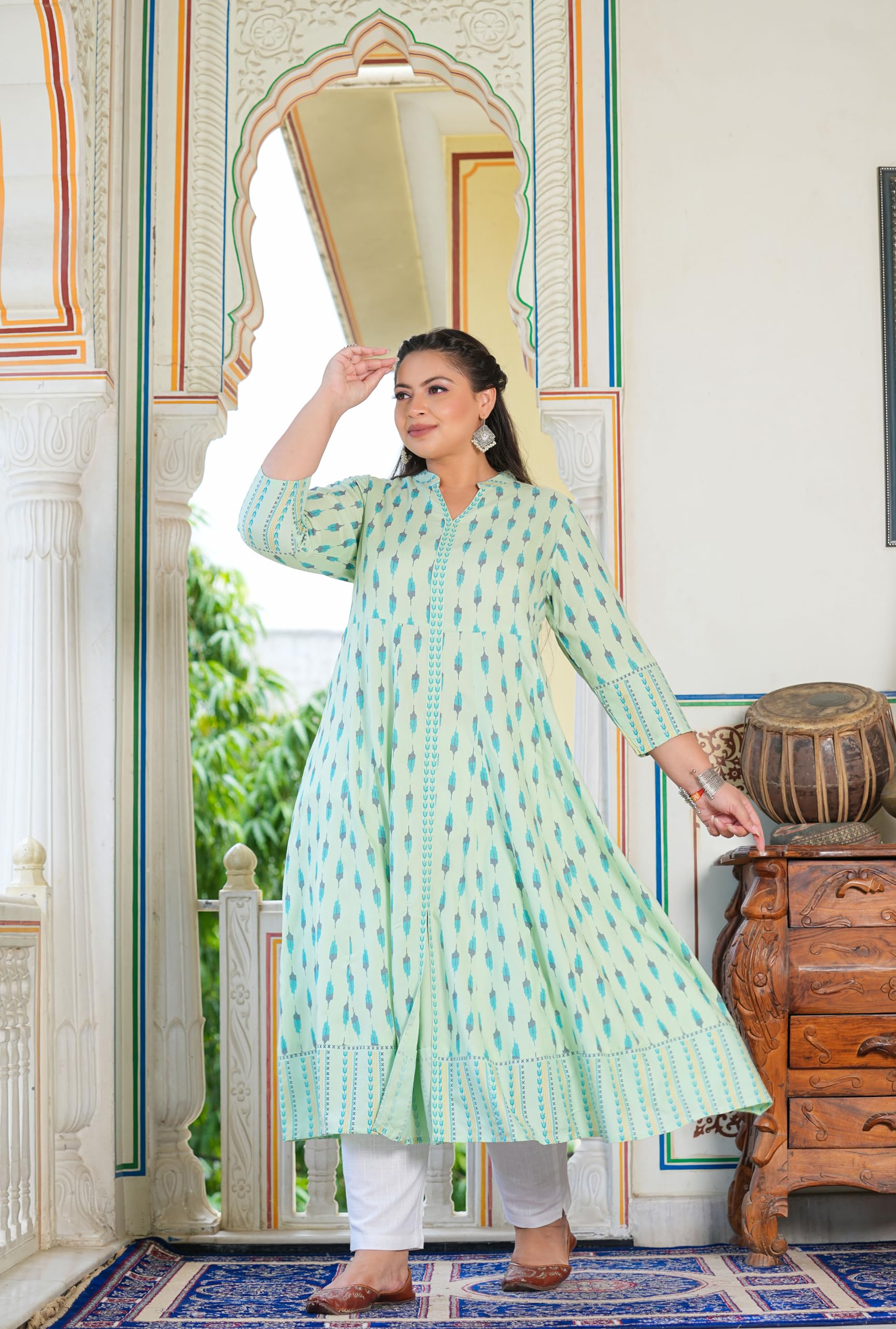 Yash Fashion Women's Rayon Ikat Printed Anarkali Kurta - Green - Image 2