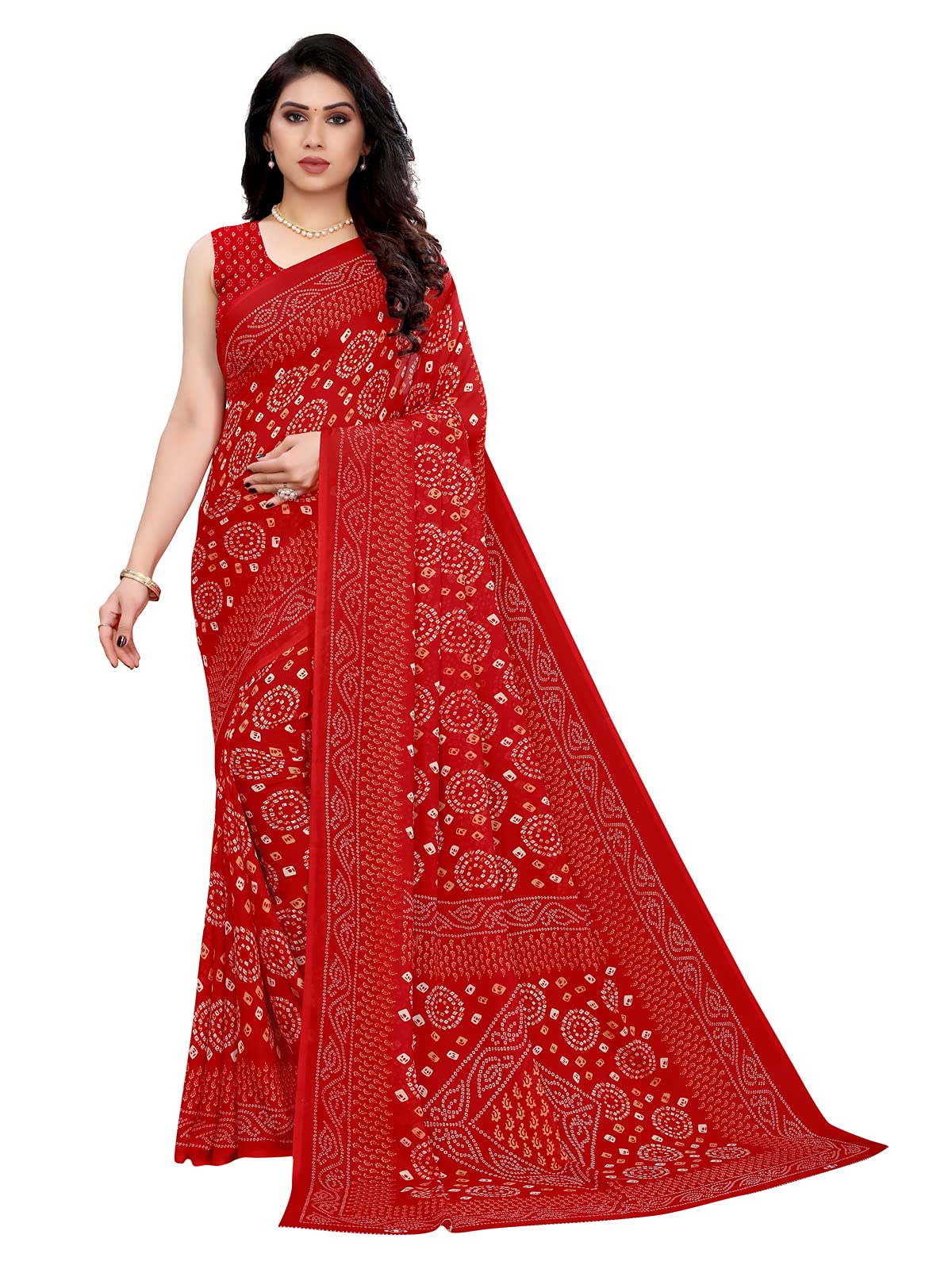 SIRIL Women's Georgette Bandhani Printed Saree - Red