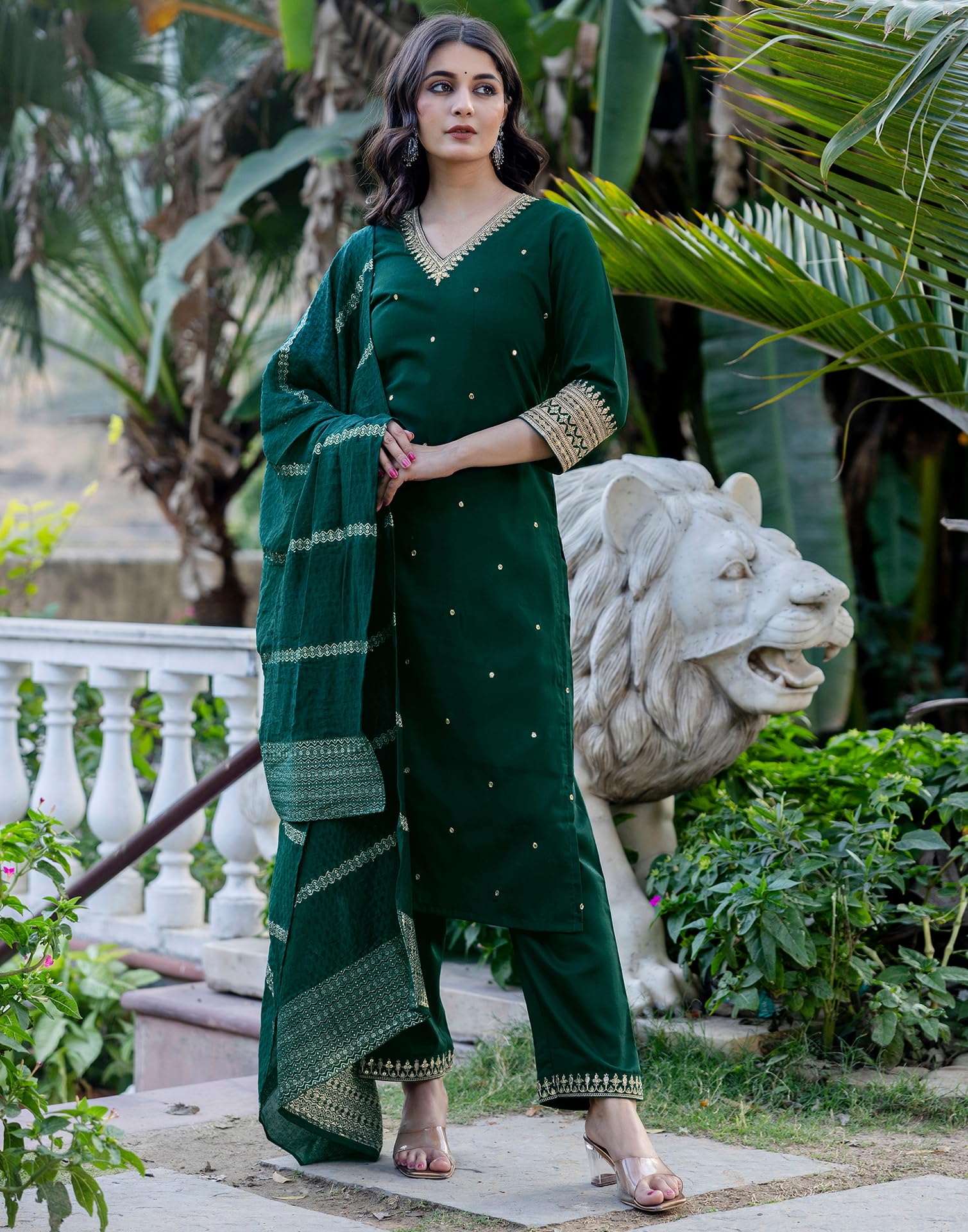 SIRIL Women's Kurta with Pant & Dupatta - Green - Image 5