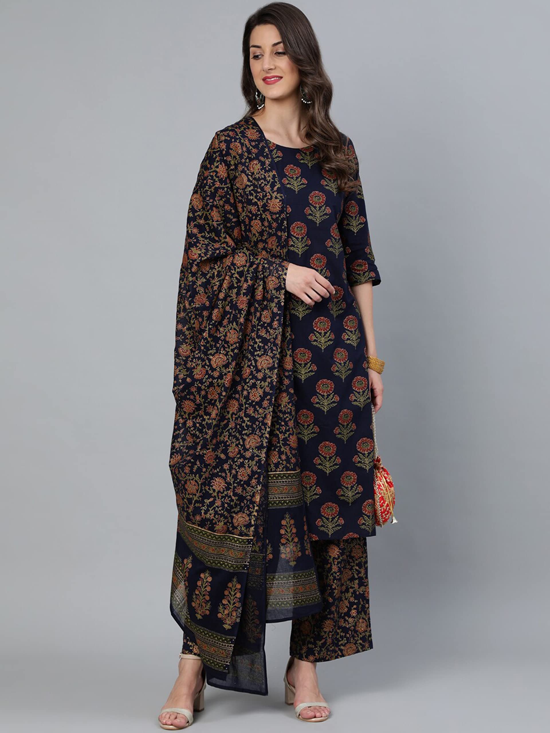 Arayna Women's Floral Printed Kurti Palazzo Set - Navy Blue - Image 3