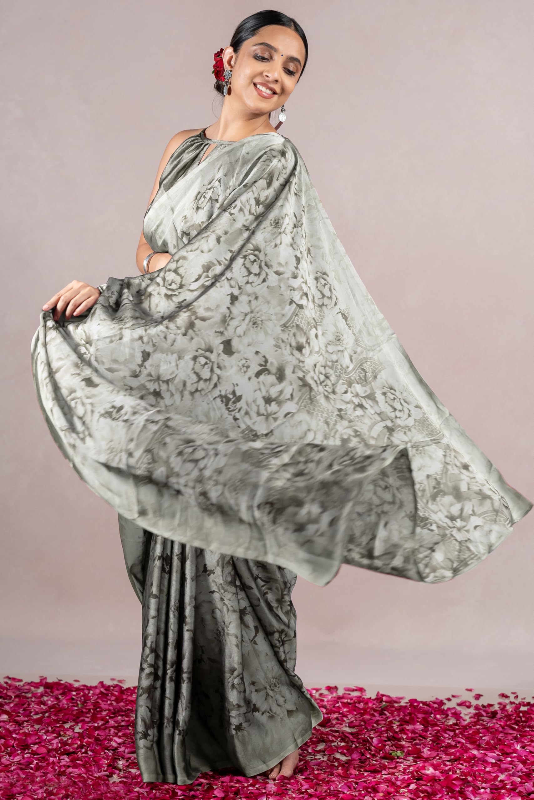 MIRCHI FASHION Chiffon Georgette Floral Saree for Women - Light Grey - Image 3