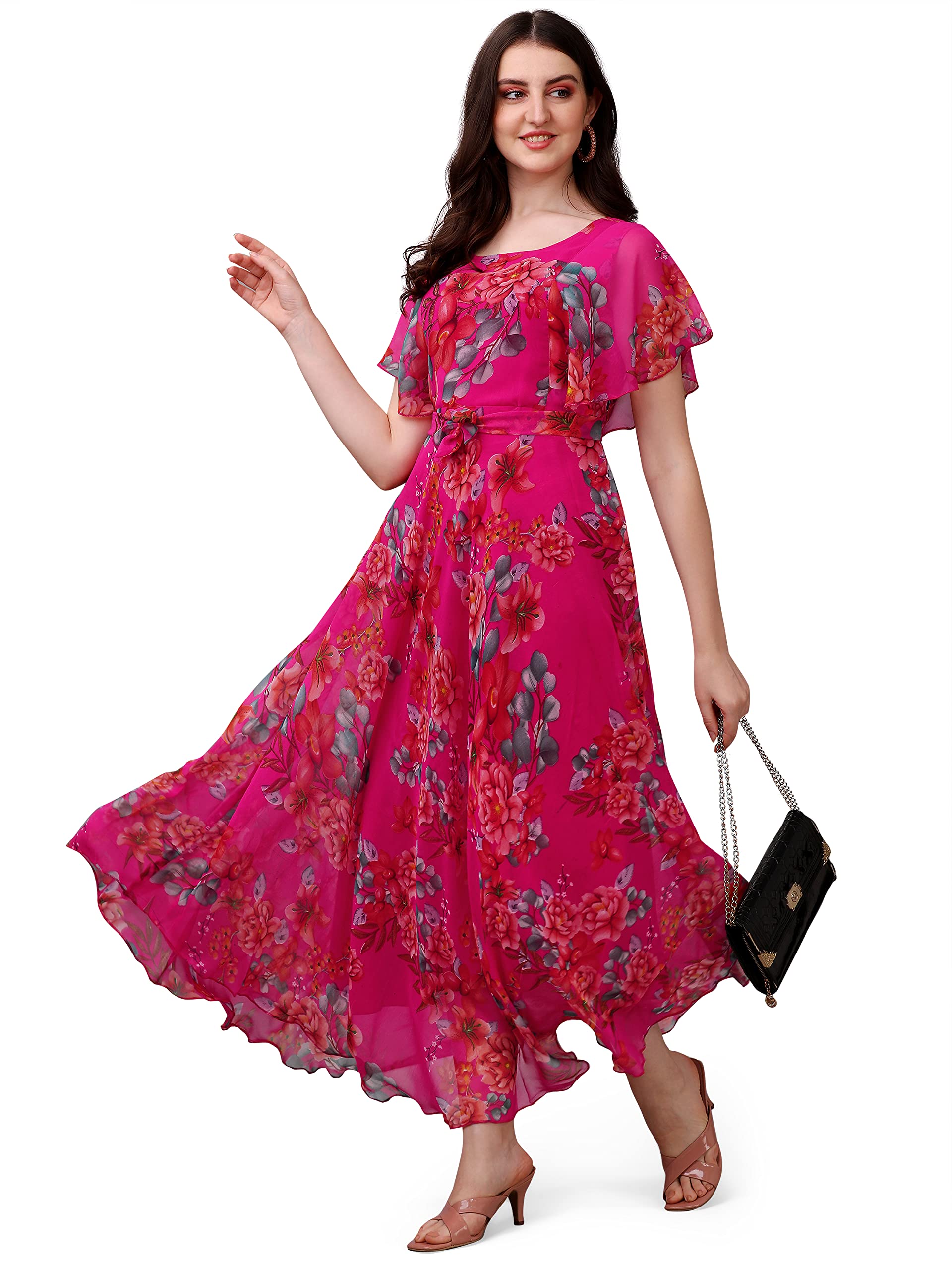 Fashion2wear Women's Georgette Flower Printed Dress - Pink