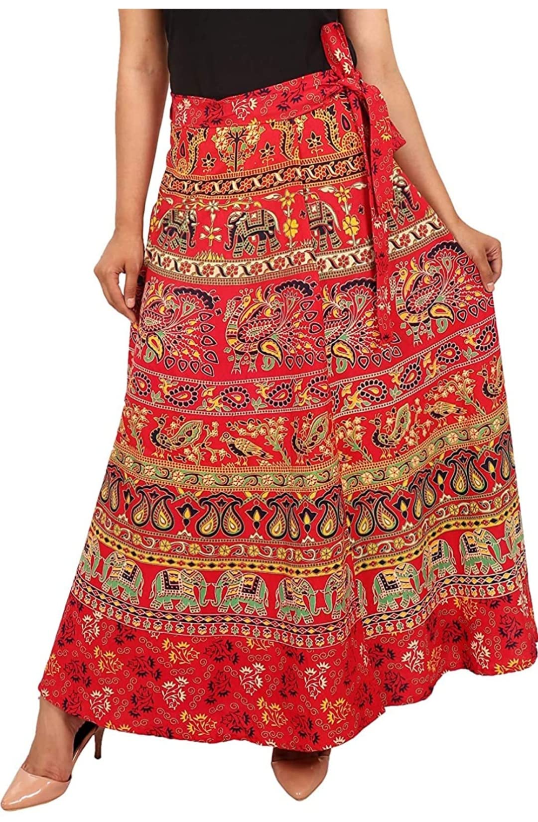Sahaj Fashion Jaipuri Print Cotton Women Wrapskirt - Red - Image 2