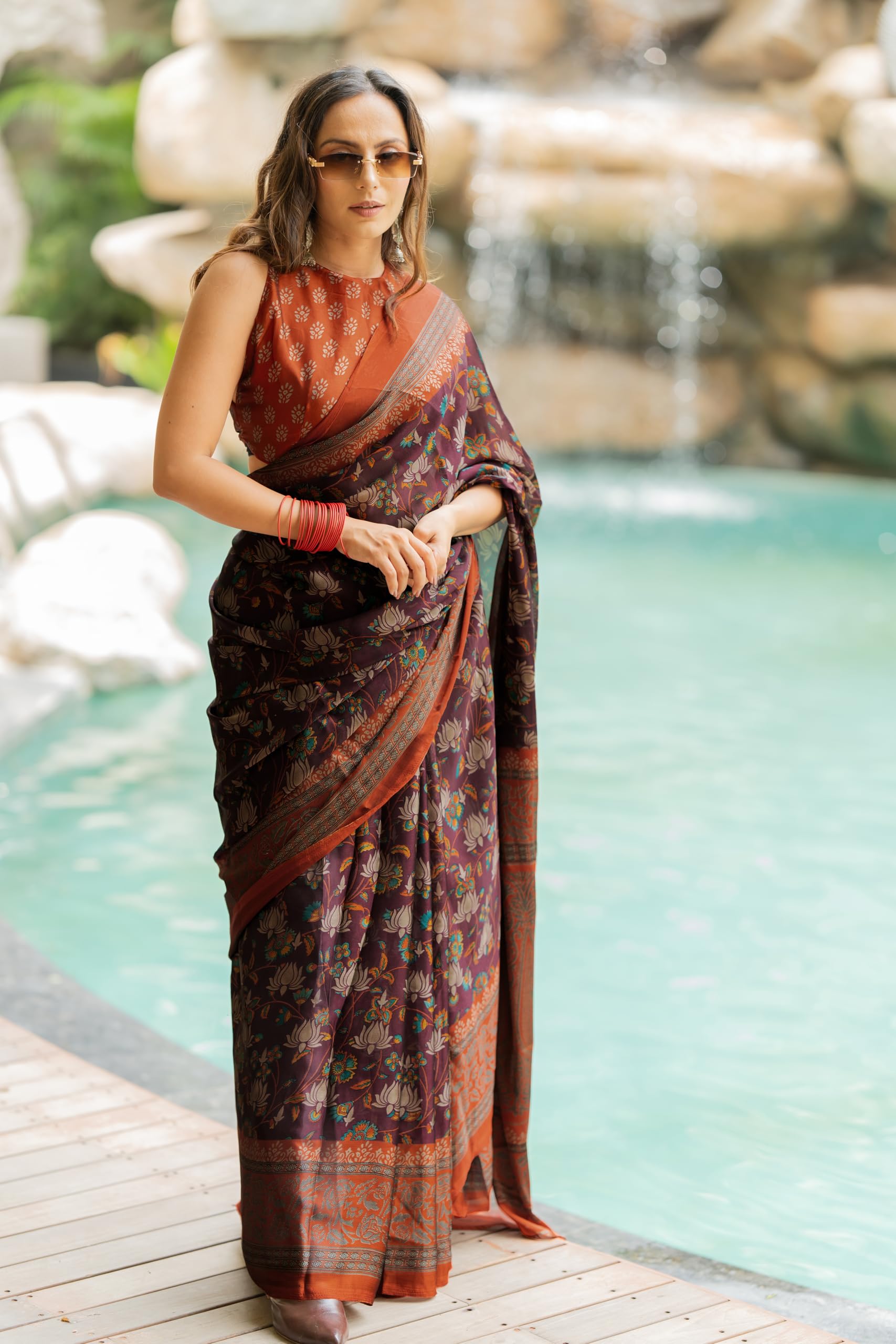 MIRCHI FASHION Chiffon Georgette Floral Saree for Women - Wine - Image 2