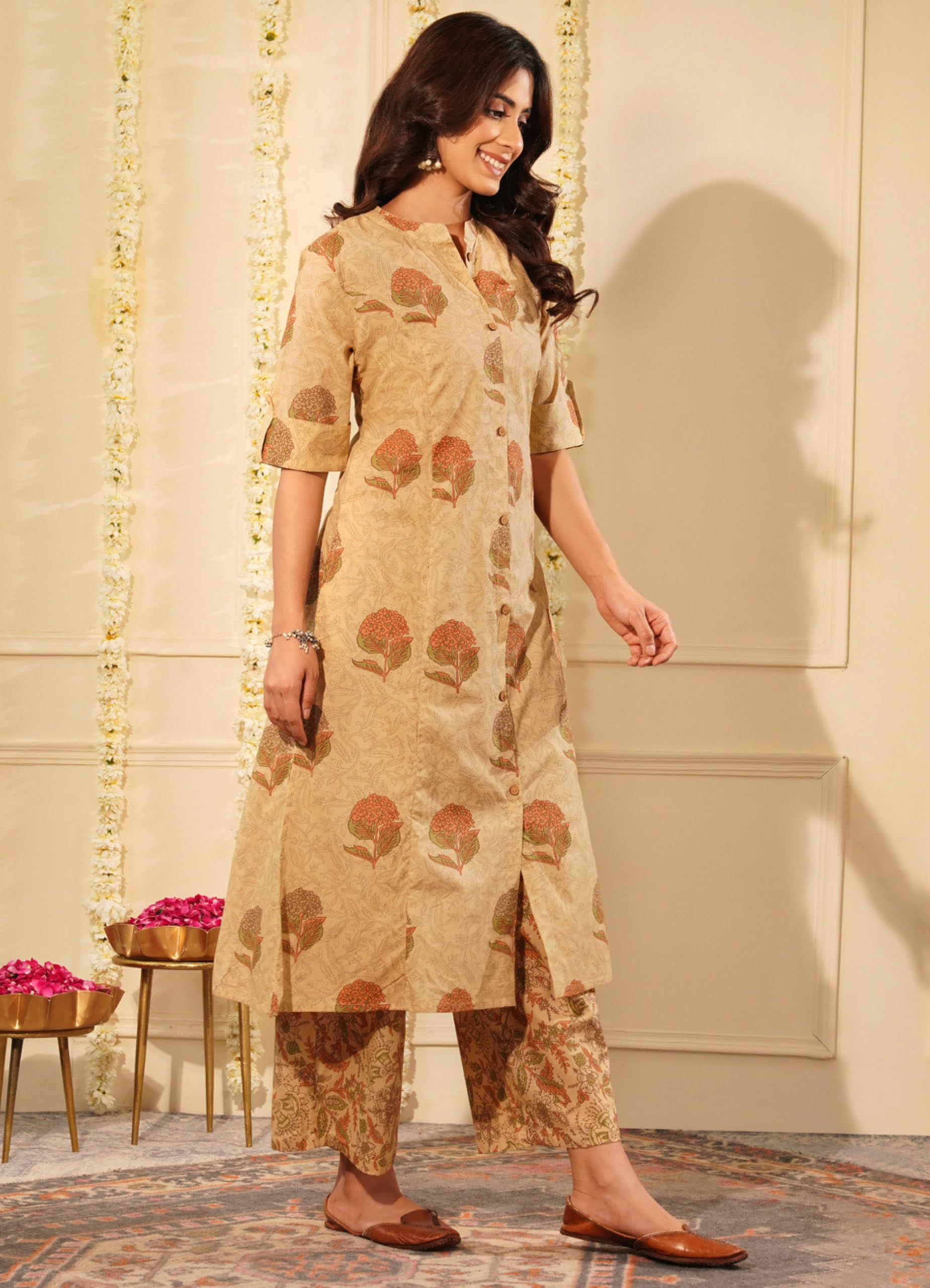 rytras Women's Cotton Printed Kurta Set with Palazzo - Beige - Image 4