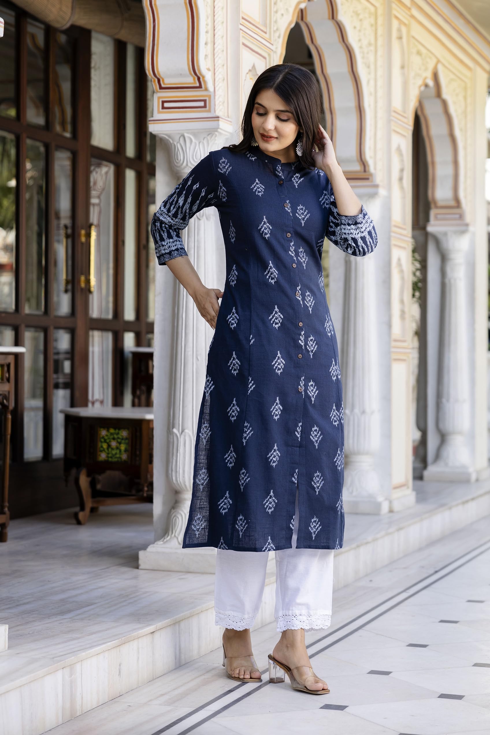 GarbGlide Women Floral Kurta With Palazzos - Navy Blue - Image 3