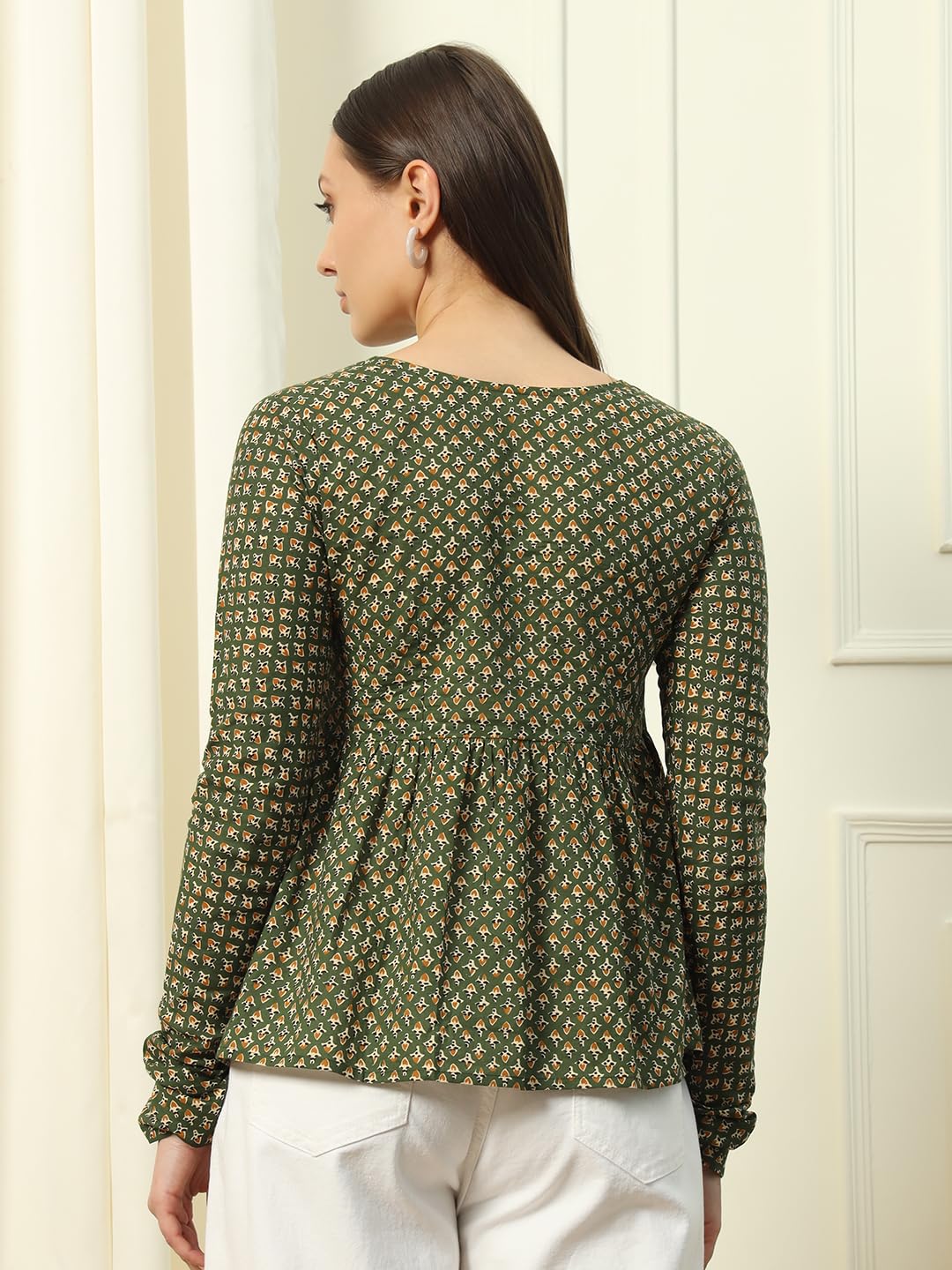 FIORRA Women's Green Cotton Top with Lace Detail - Image 2
