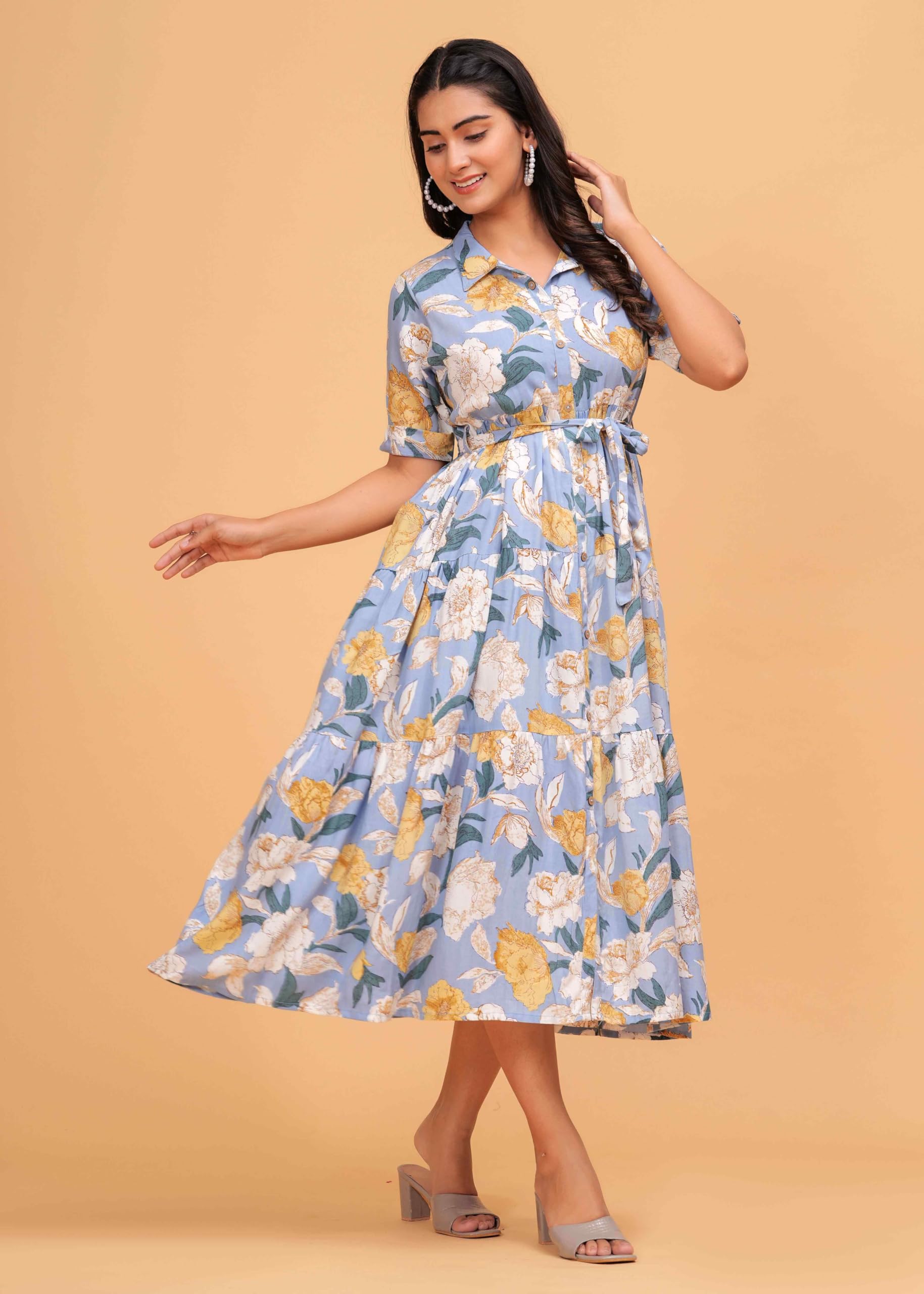 Jikonet Women's Floral Printed Cotton Maxi Dress - Light Blue - Image 2