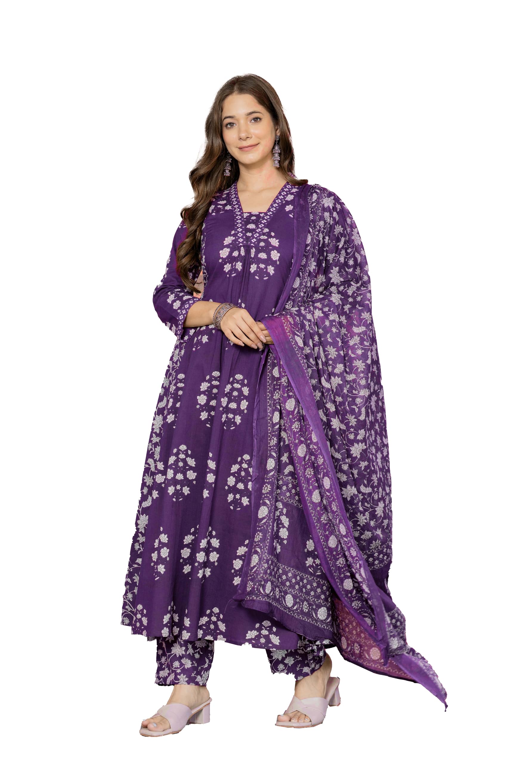 PARTHVI Purple Cotton Block Printed Kurta Set for Women