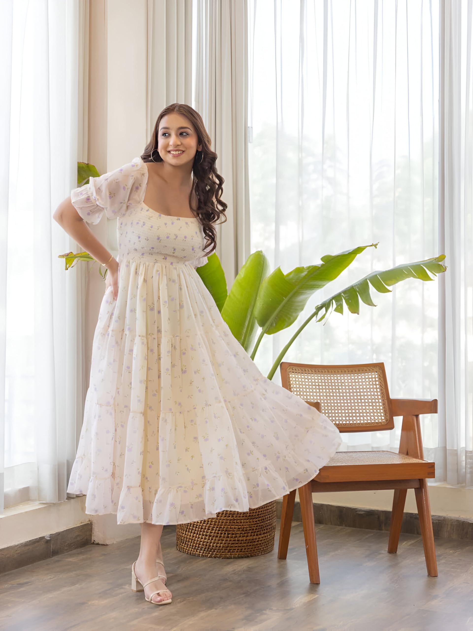 KZULLY Smocked Midi Dress - Puff Sleeves Square Neck - Image 4