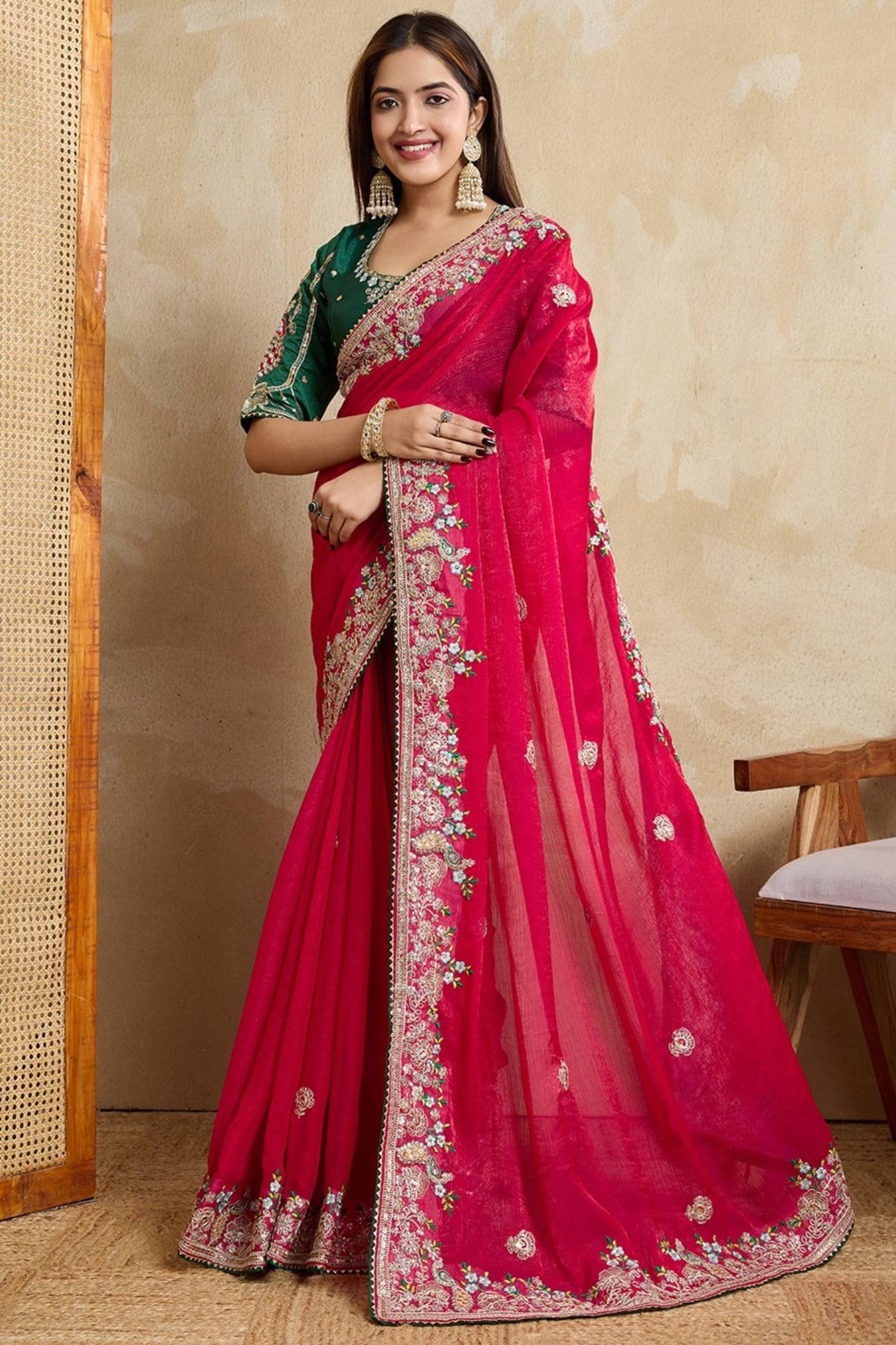 Fendy Chiffon Silk Saree with Embroidery - Pink - Image 4