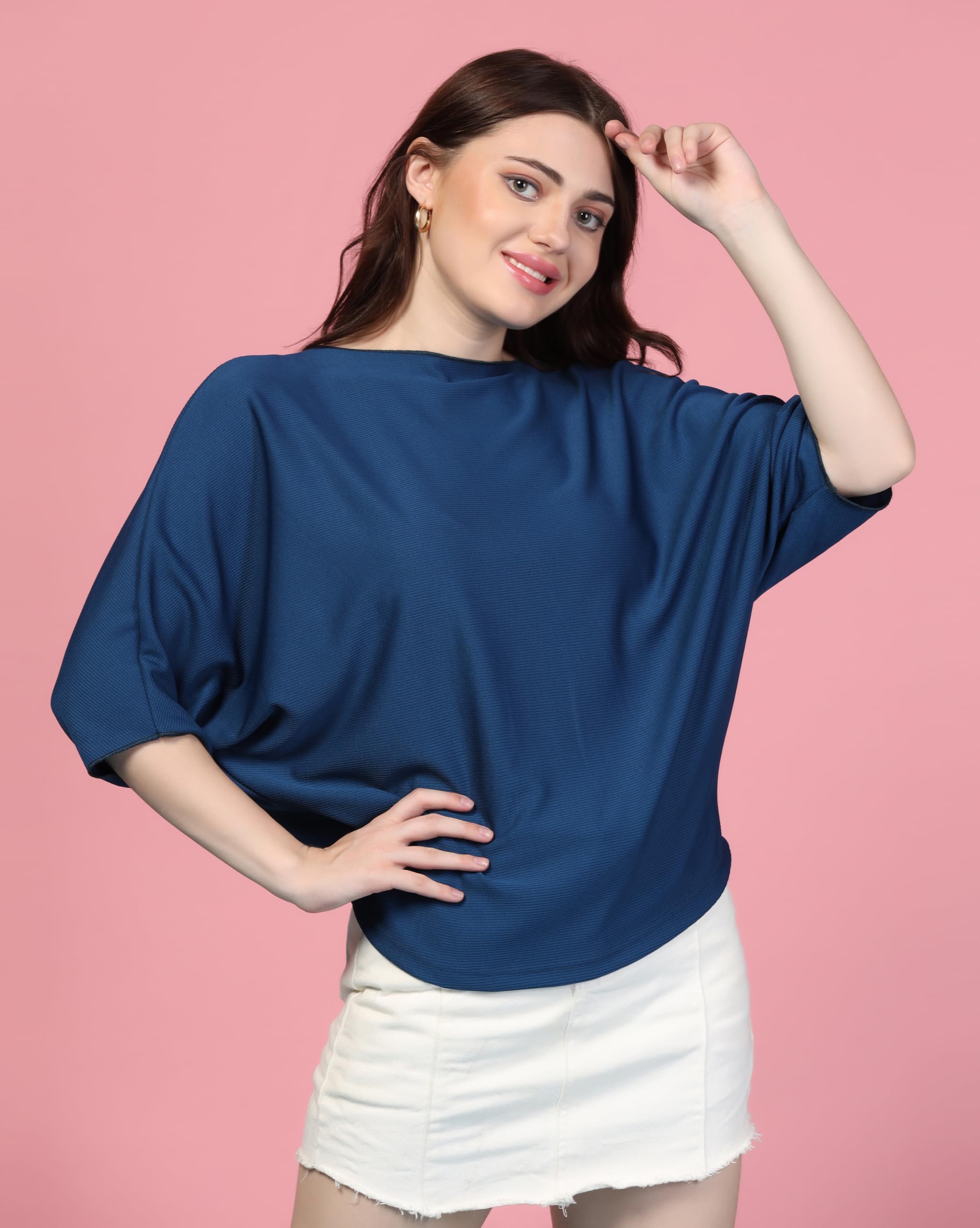 Deep Sea Blue Ribbed Boat Neck Top for Women - Image 3