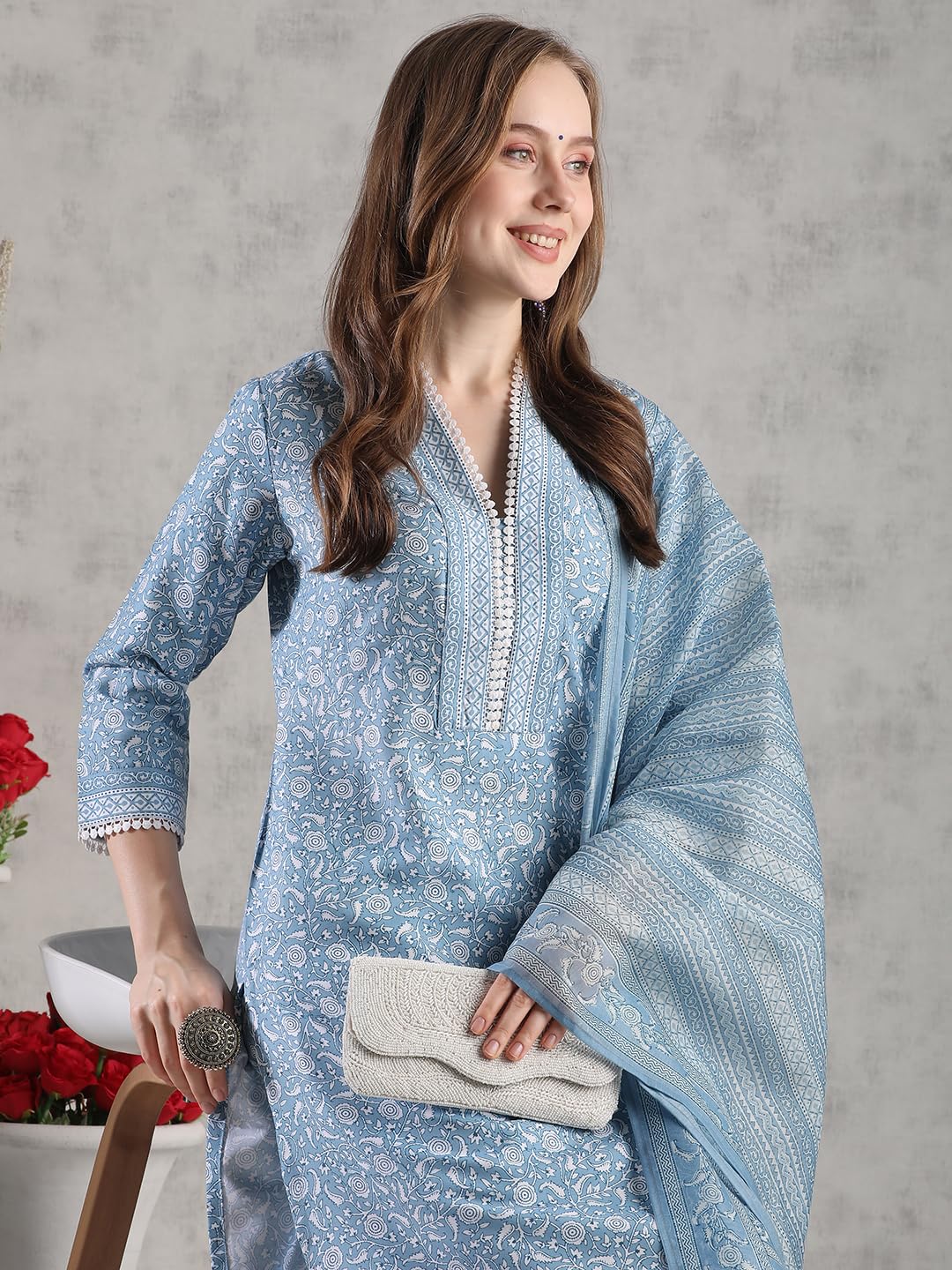 GoSriKi Women's Rayon Blend Kurta with Pant & Dupatta - Blue - Image 5