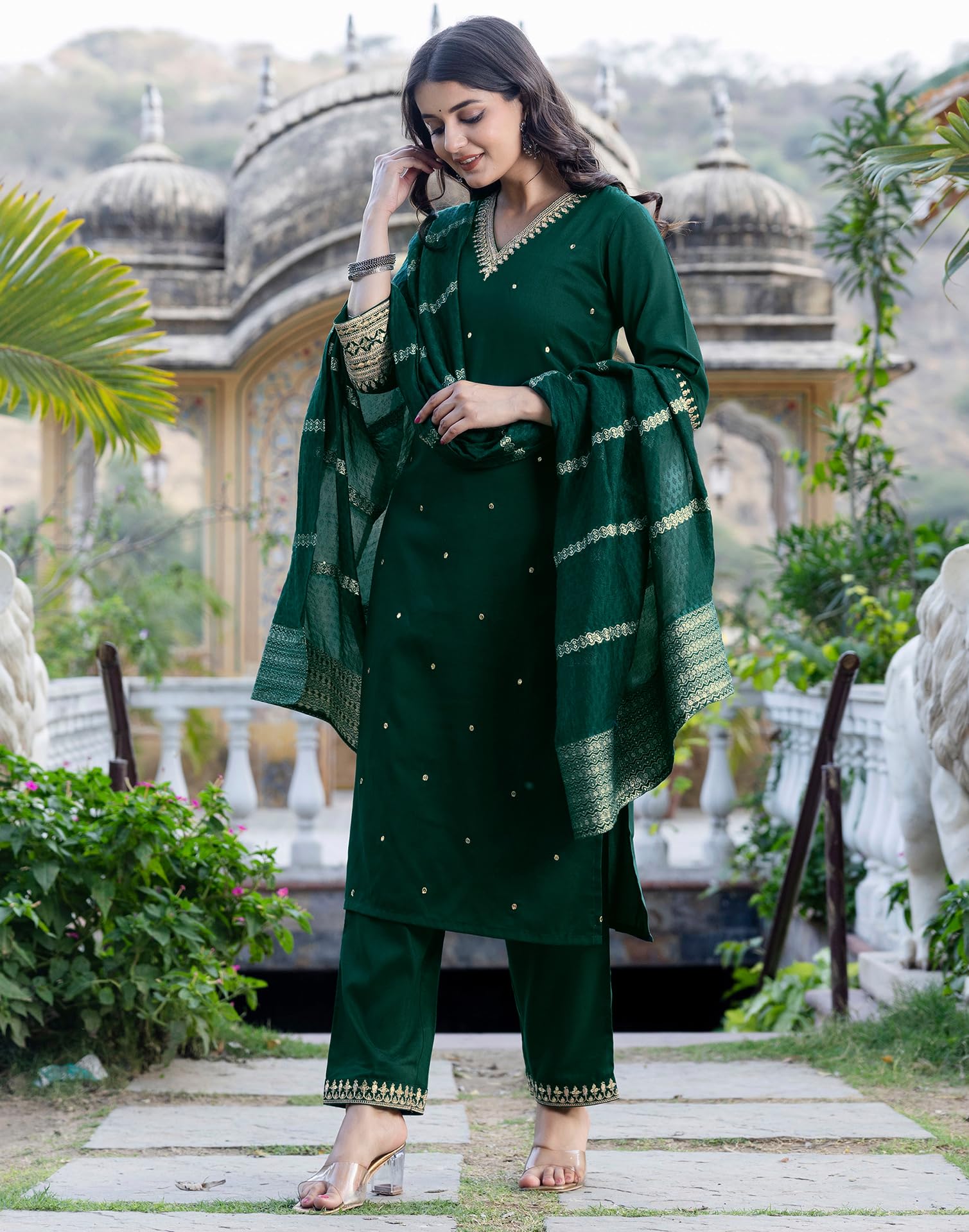 SIRIL Women's Kurta with Pant & Dupatta - Green - Image 3