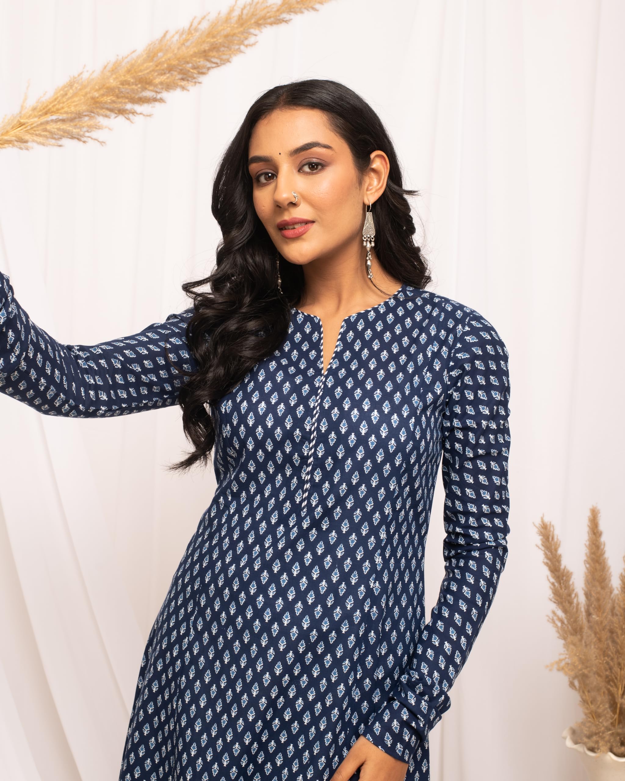 FIORRA Navy Blue Floral Cotton A-Line Kurta for Women - Image 5