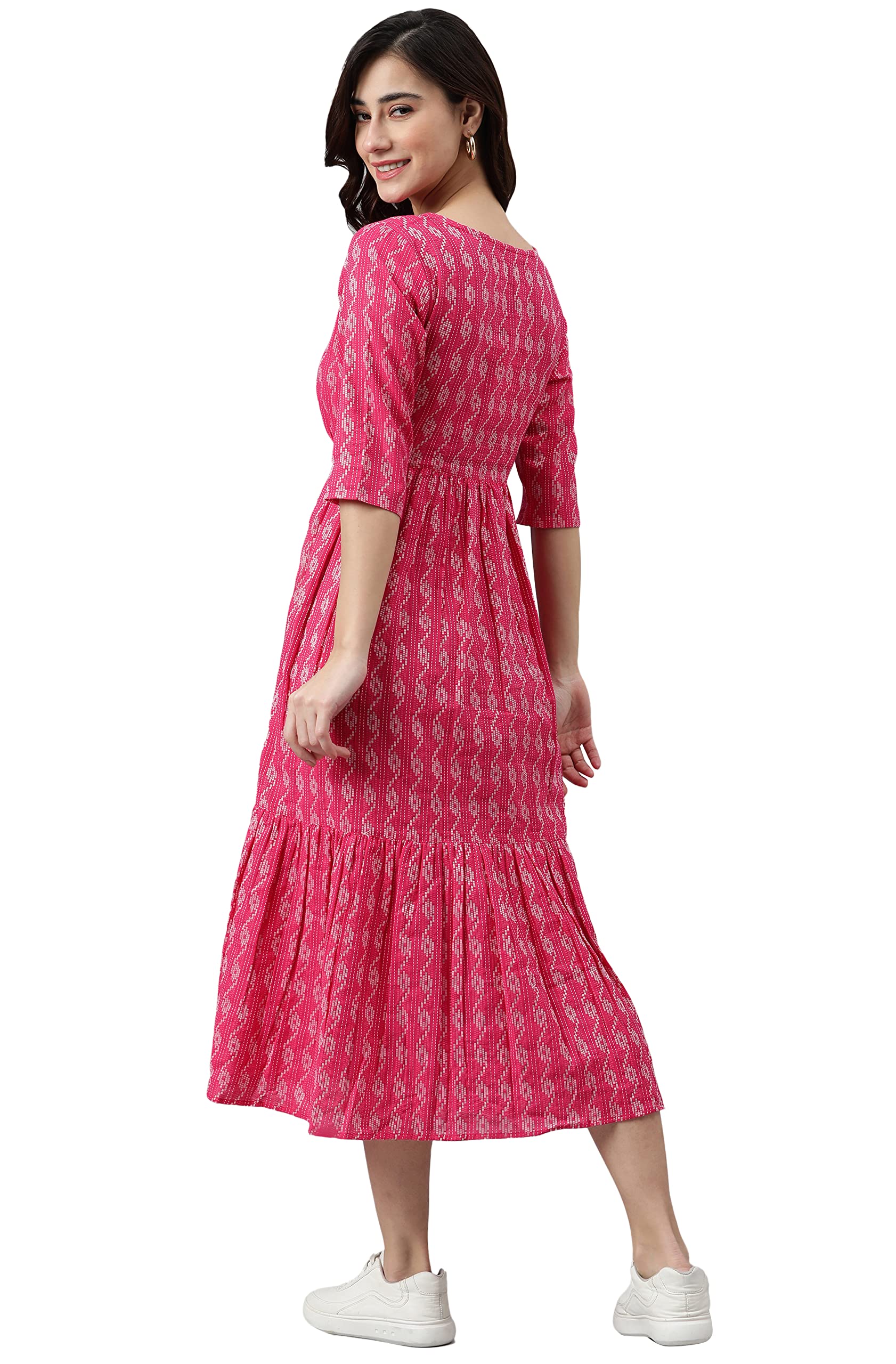 Janasya Women's Pink Cotton Tiered Dress - Image 4