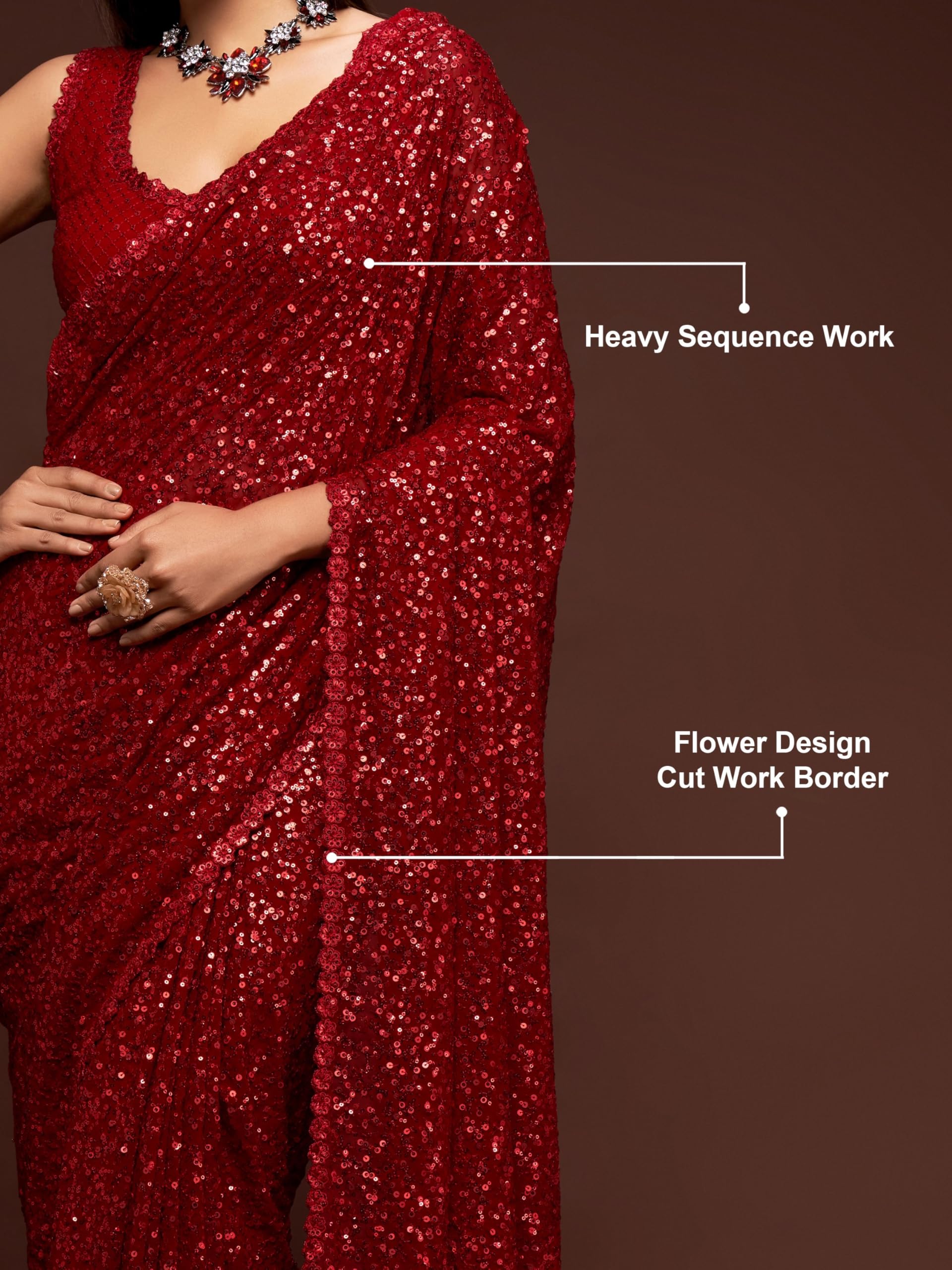 TRENDMALLS Women's Georgette Sequins Saree - Red - Image 5