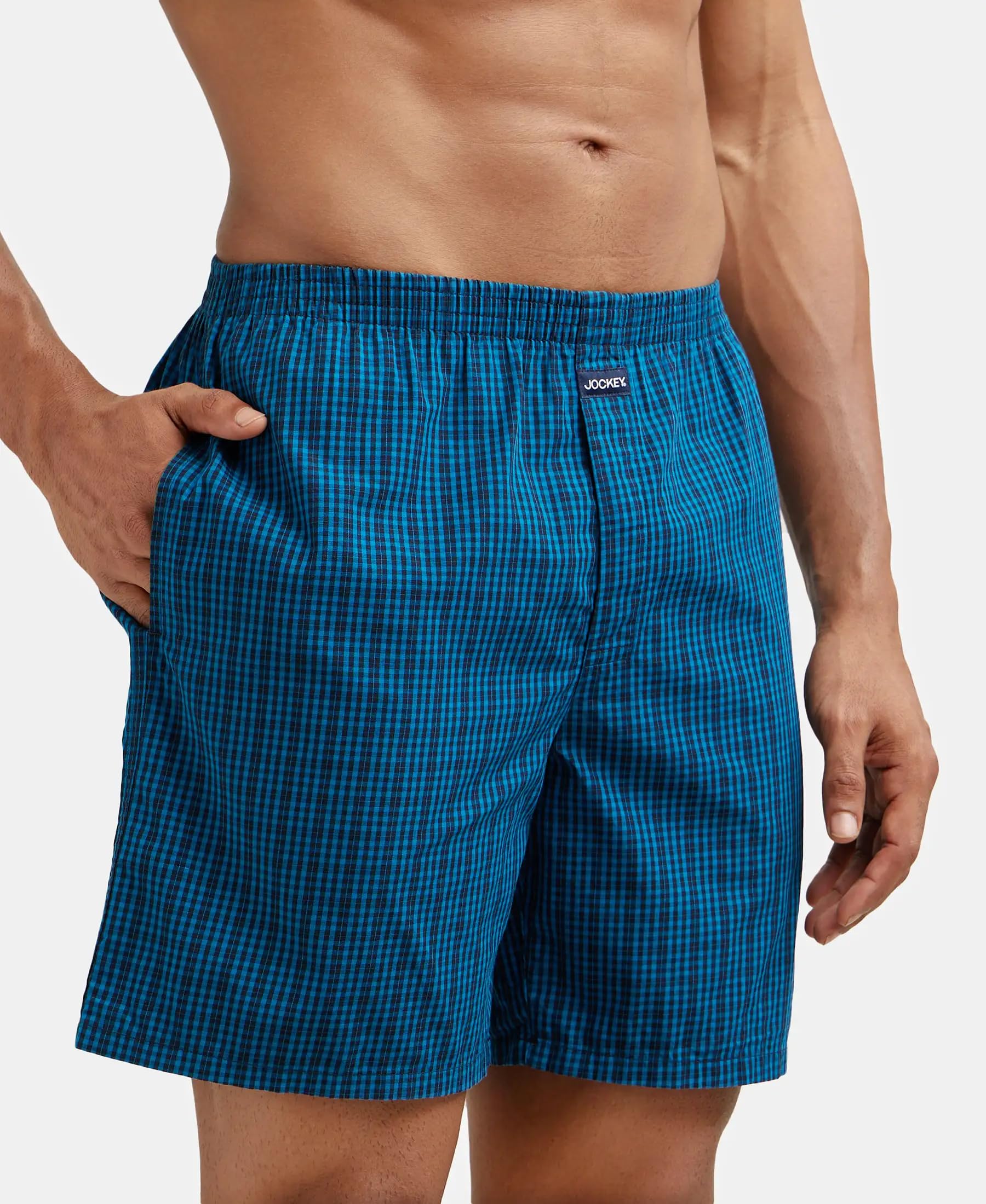 Jockey Men's Cotton Checkered Boxers - Teal & Black - Image 4