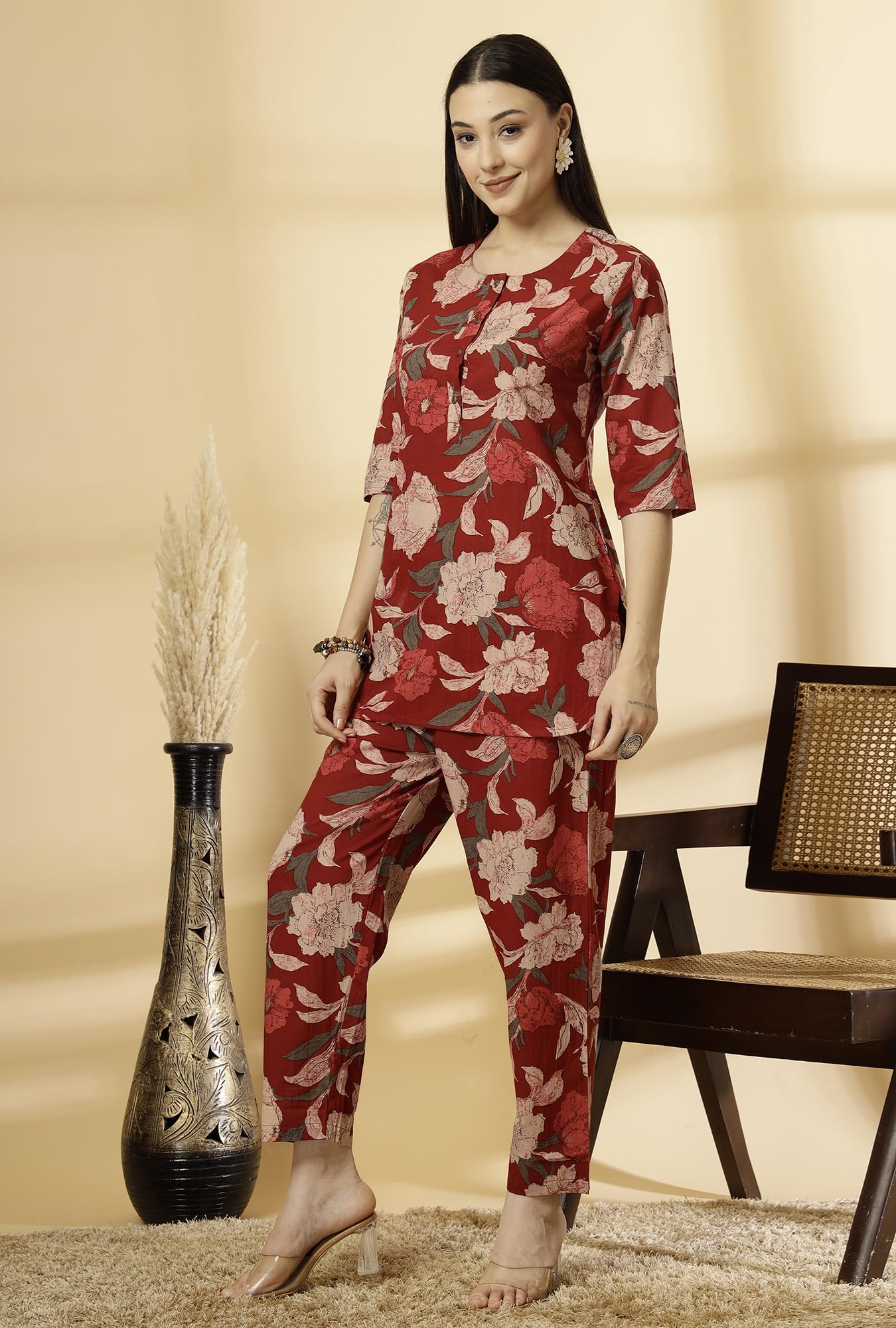 GarbGlide Women Floral Cotton Co-ord Set - Maroon - Image 3