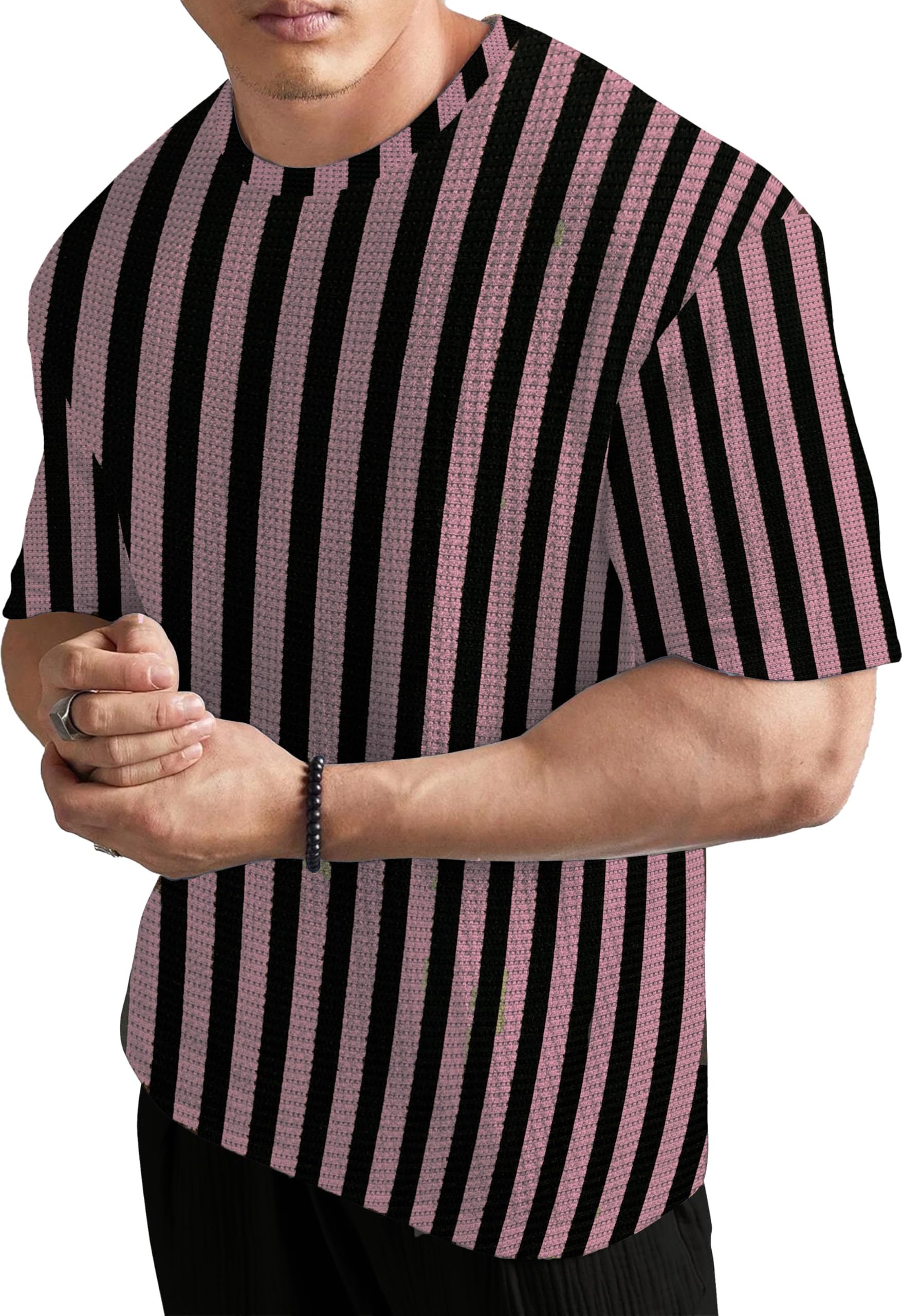 KAJARU Men's Striped Waffle T-Shirt - ONIONPINK