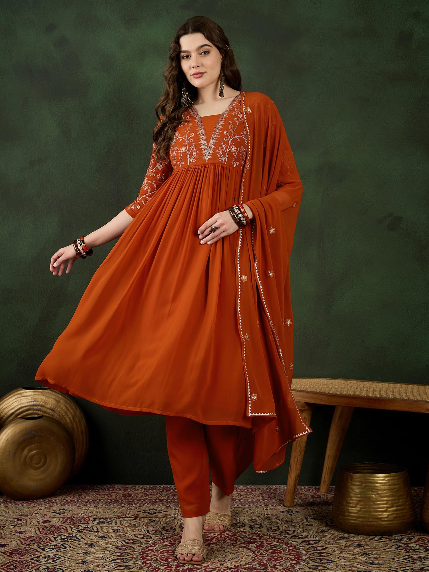 SheWill Orange Georgette Naira Cut Kurta - Image 3