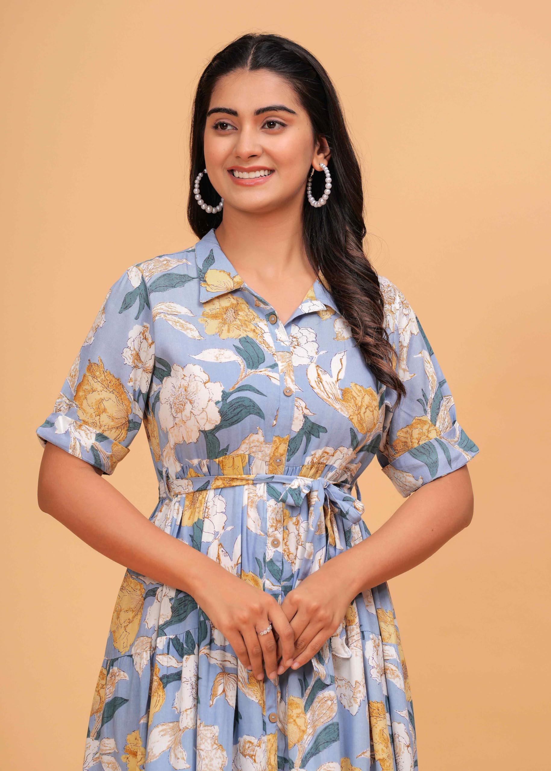 Jikonet Women's Floral Printed Cotton Maxi Dress - Light Blue - Image 3