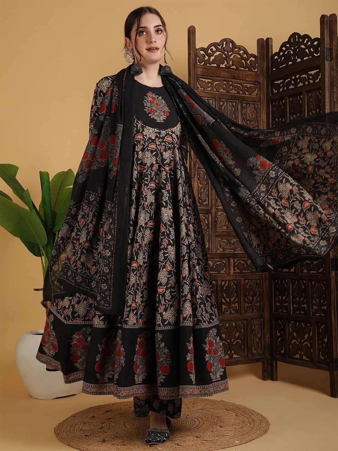 GoSriKi Women's Anarkali Kurta with Pant & Dupatta - Black - Image 4