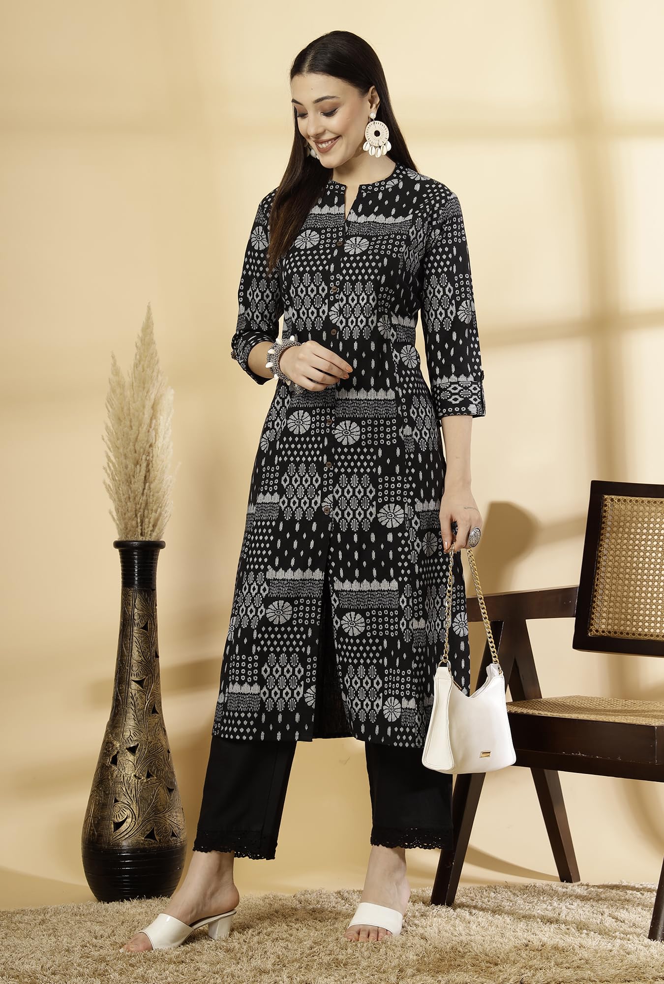 Pistaa Women's Cotton Floral Print A-Line Kurta - Ink Black - Image 4