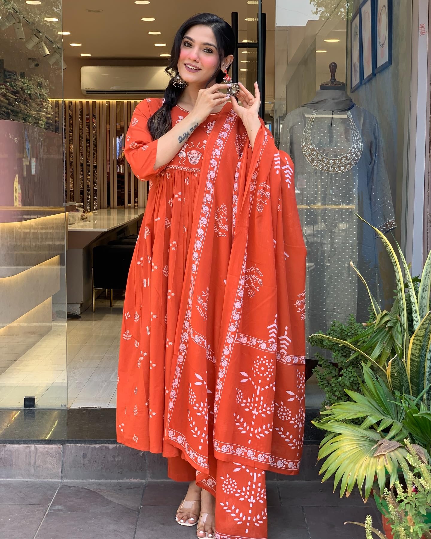 GoSriKi Women's Anarkali Kurta with Pant & Dupatta - Orange - Image 3