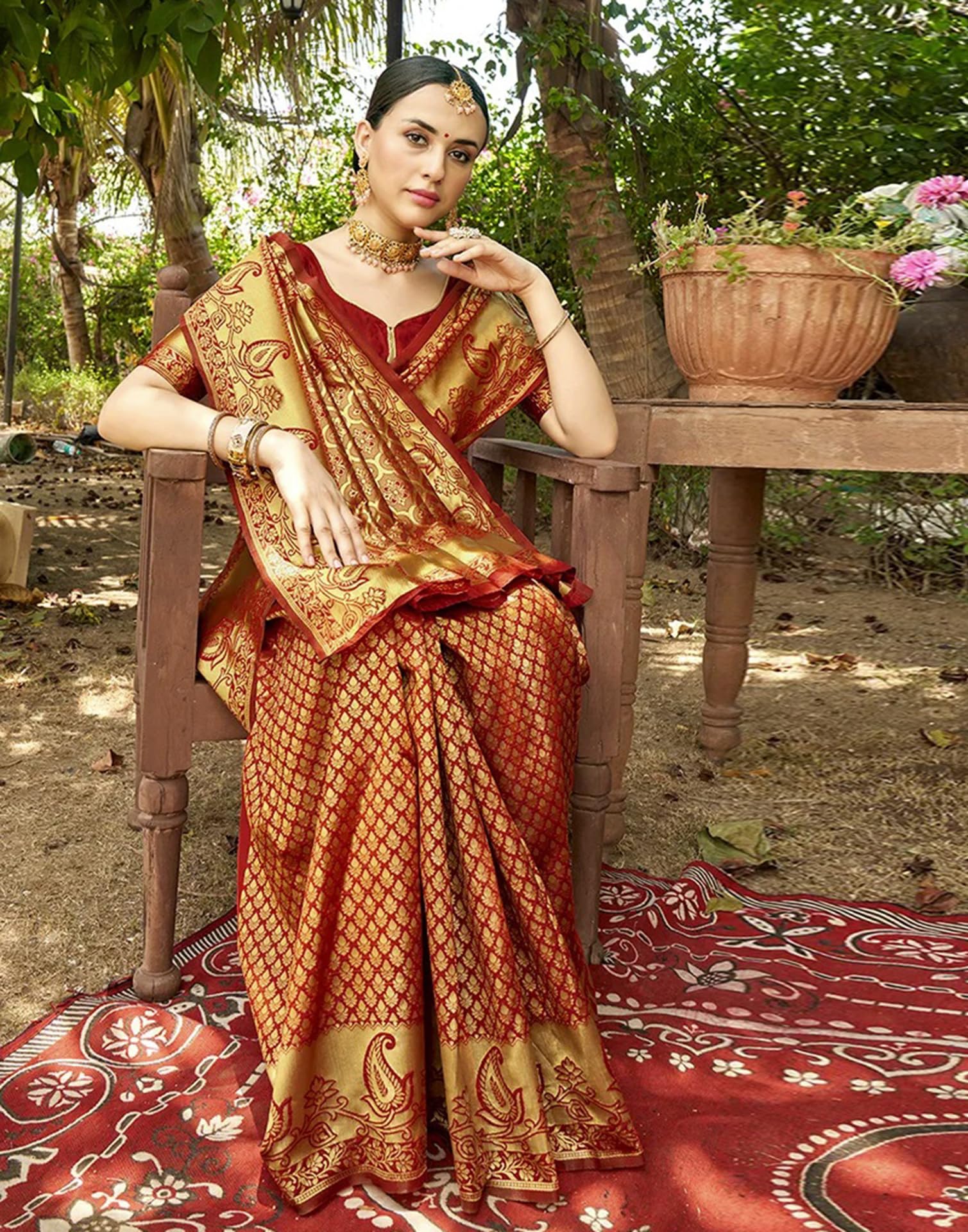 Banarasi Silk Saree with Unstitched Blouse - Red & Golden - Image 3