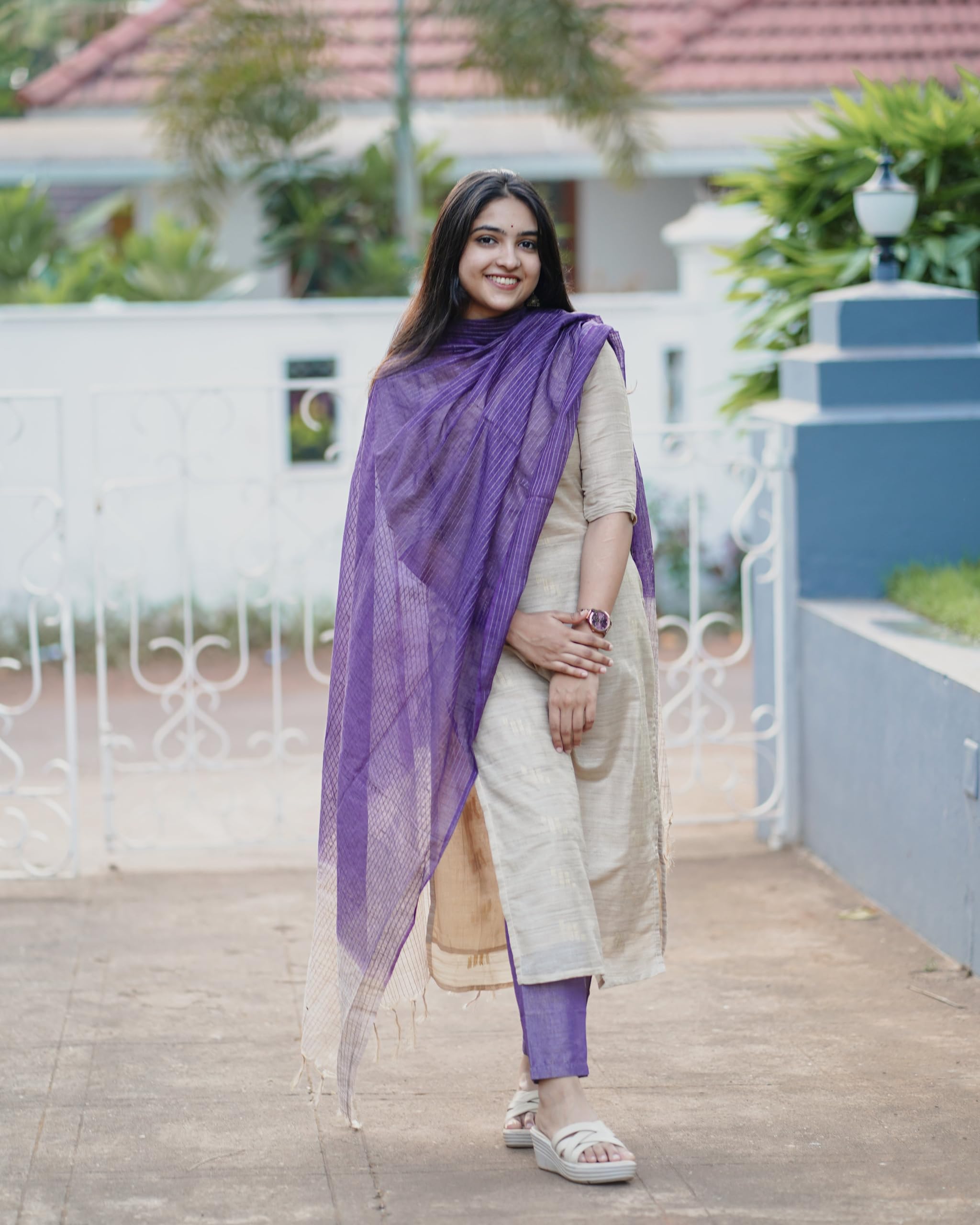 GoSriKi Chanderi Cotton Kurta Set for Women - Beige - Image 3