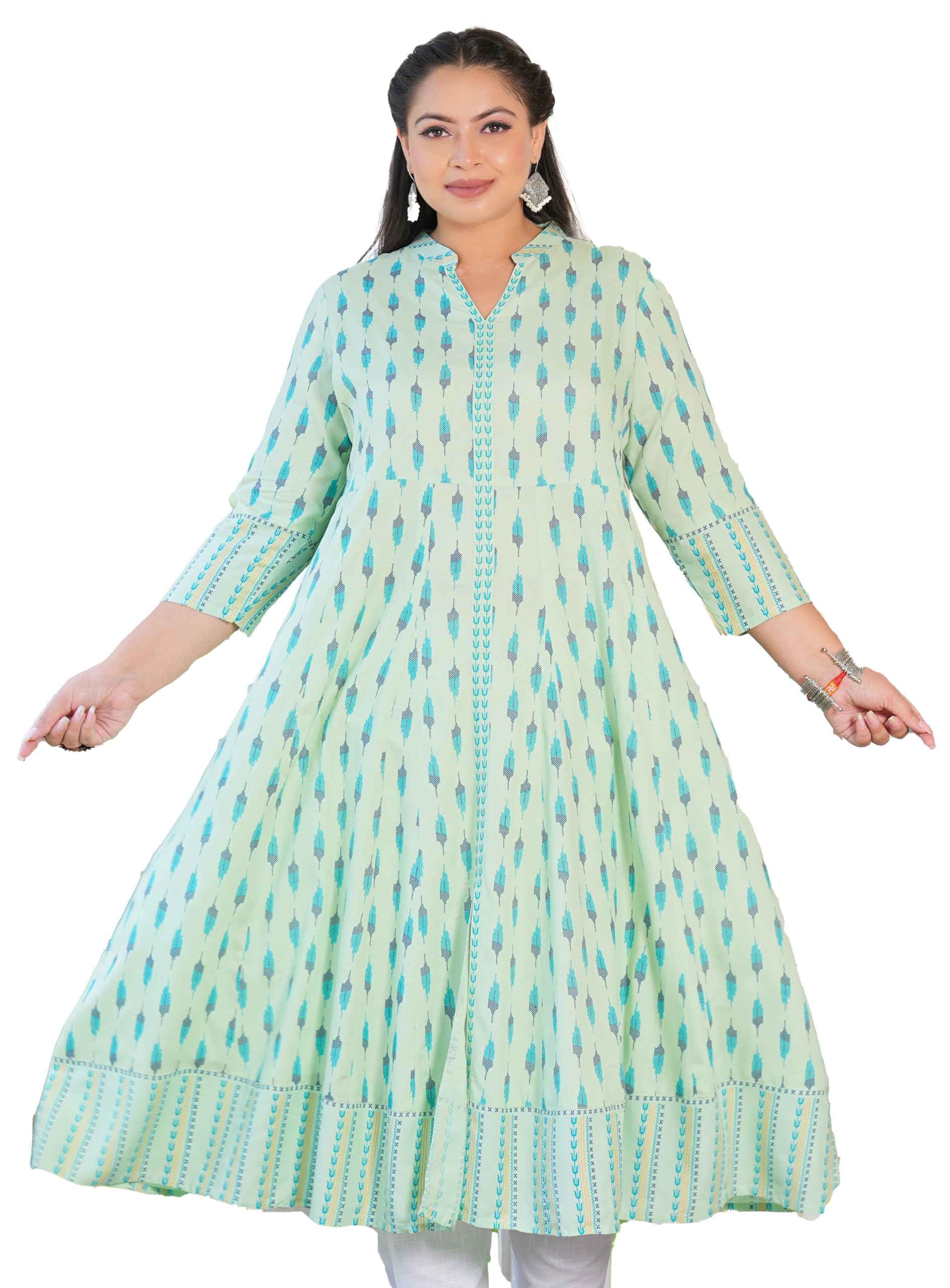 Yash Fashion Women's Rayon Ikat Printed Anarkali Kurta - Green