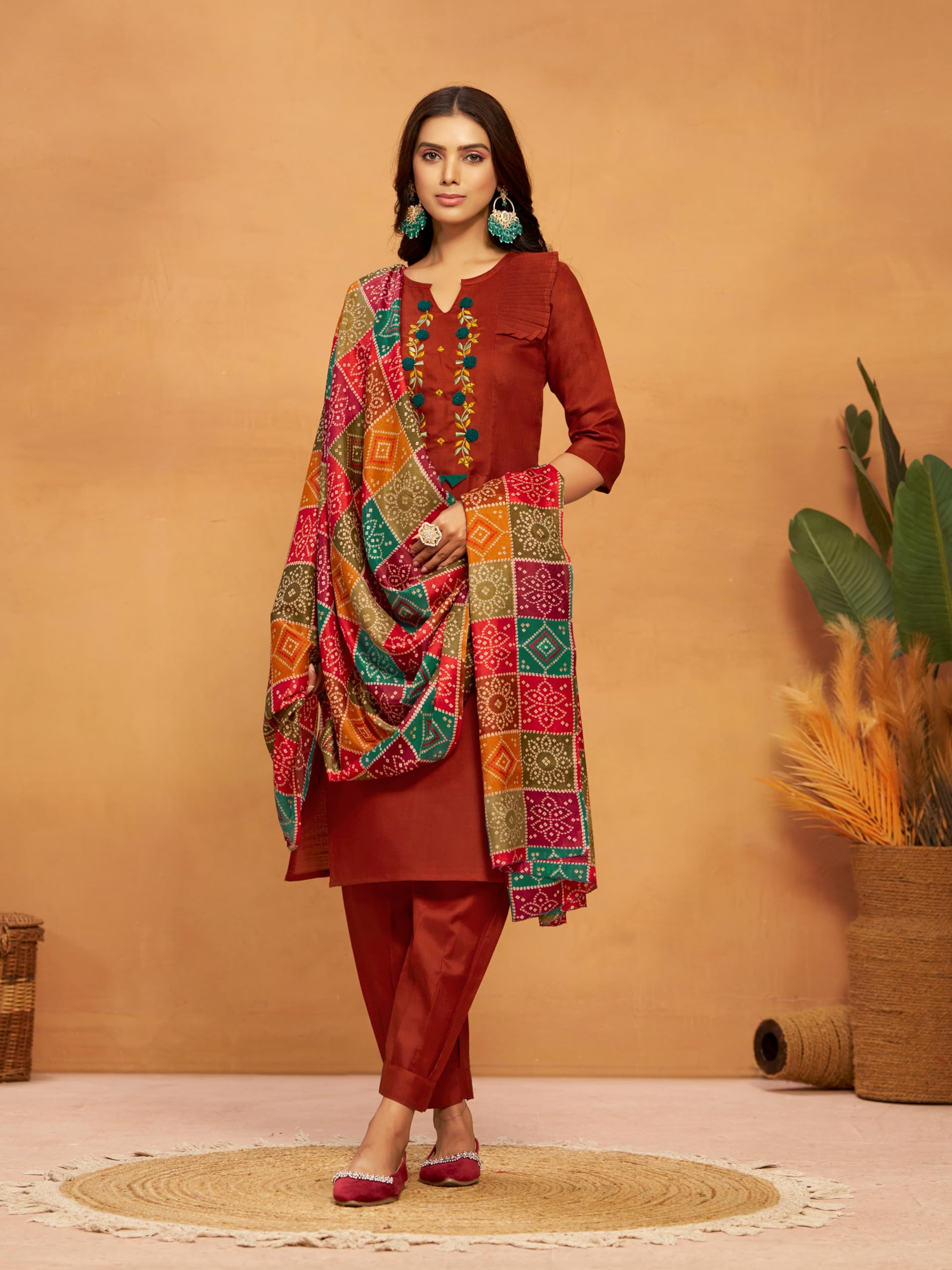 EthnicJunction Embroidered Salwar Kurta Dupatta Set - Rust - Image 3