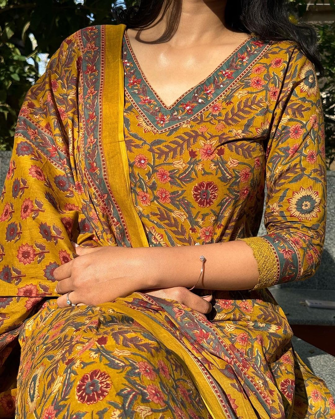 KLOSIA Women Printed Kurta Pant Set with Dupatta - Mustard Yellow - Image 3