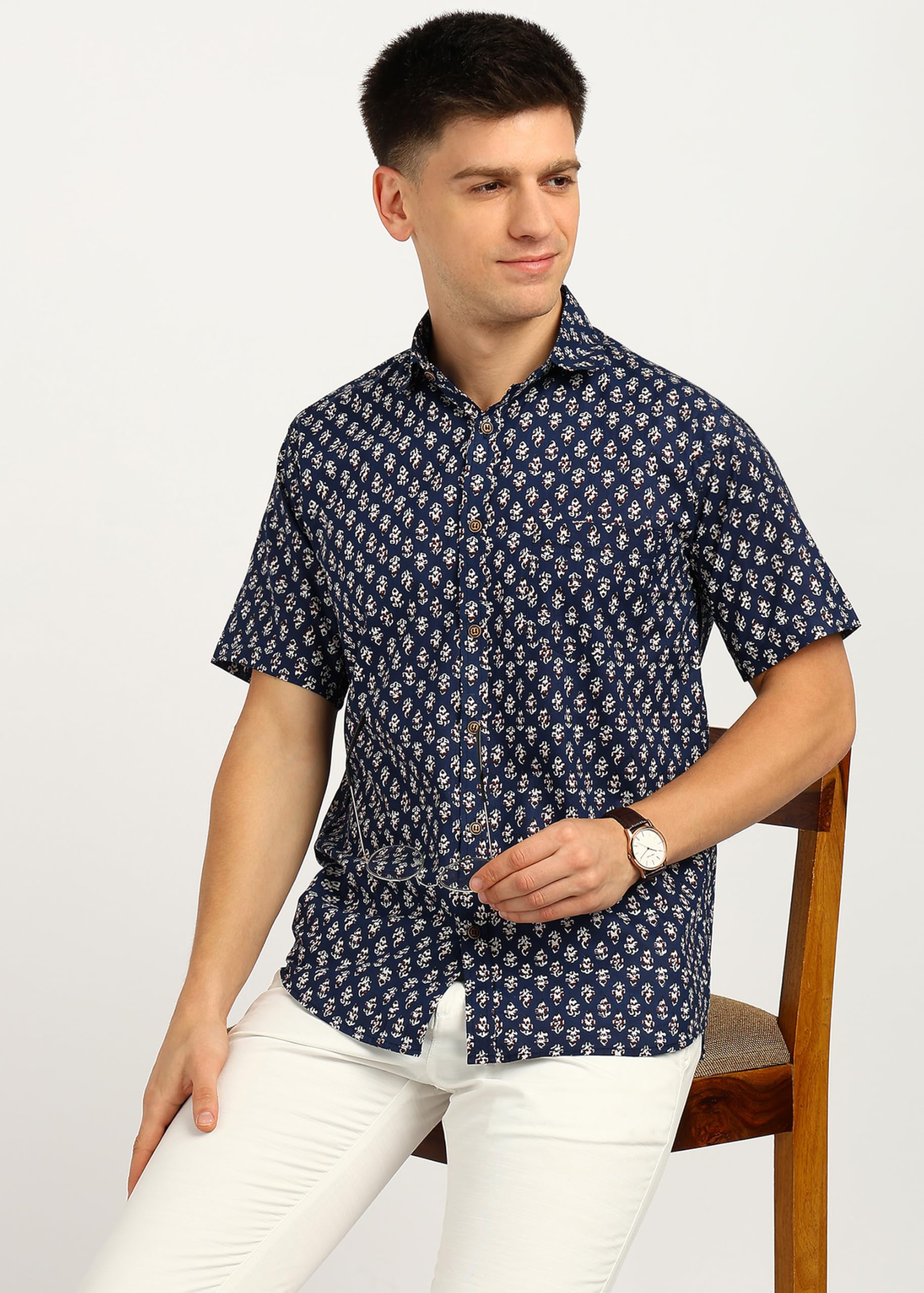 BLOCKS OF INDIA Men's Hand Block Printed Cotton Shirt - Blue Red Buti - Image 5