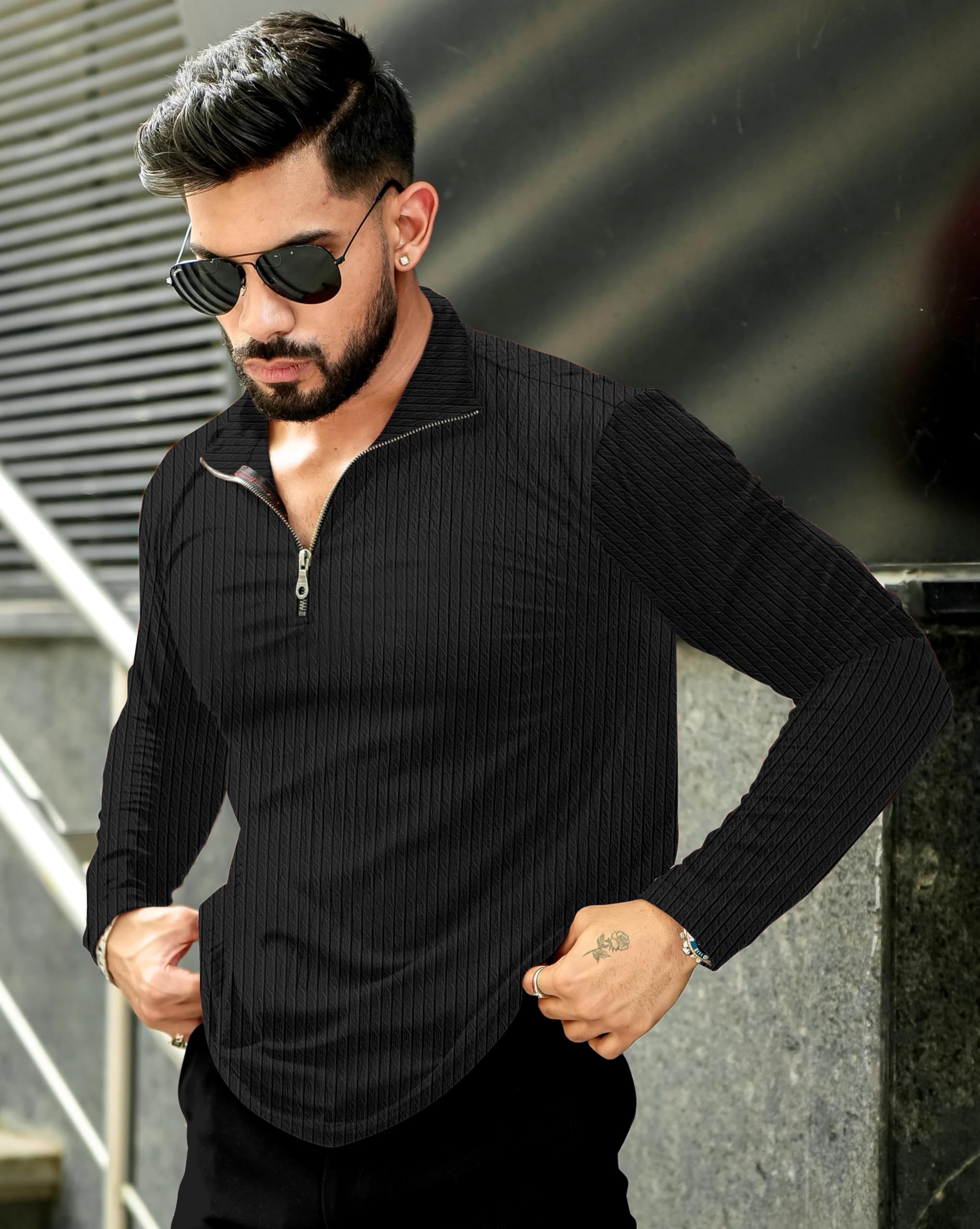 KAJARU Men's Quarter Zip Pullover - Cable Knit - Black - Image 5