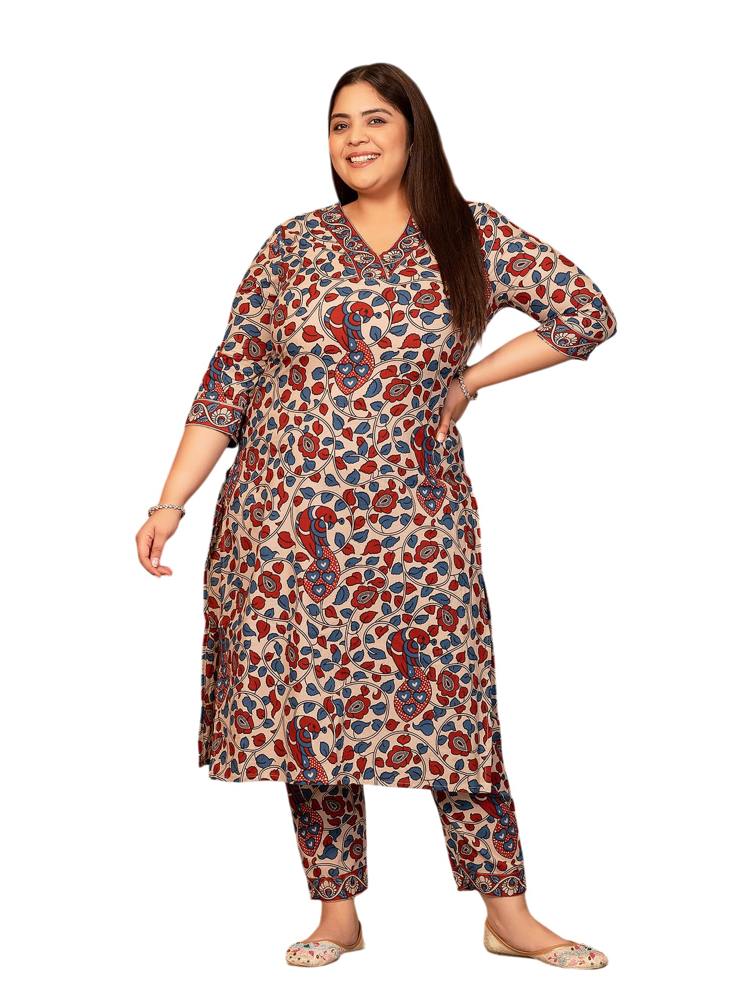 MEERA FAB Women Printed Cotton Kurta with Palazzo - Red