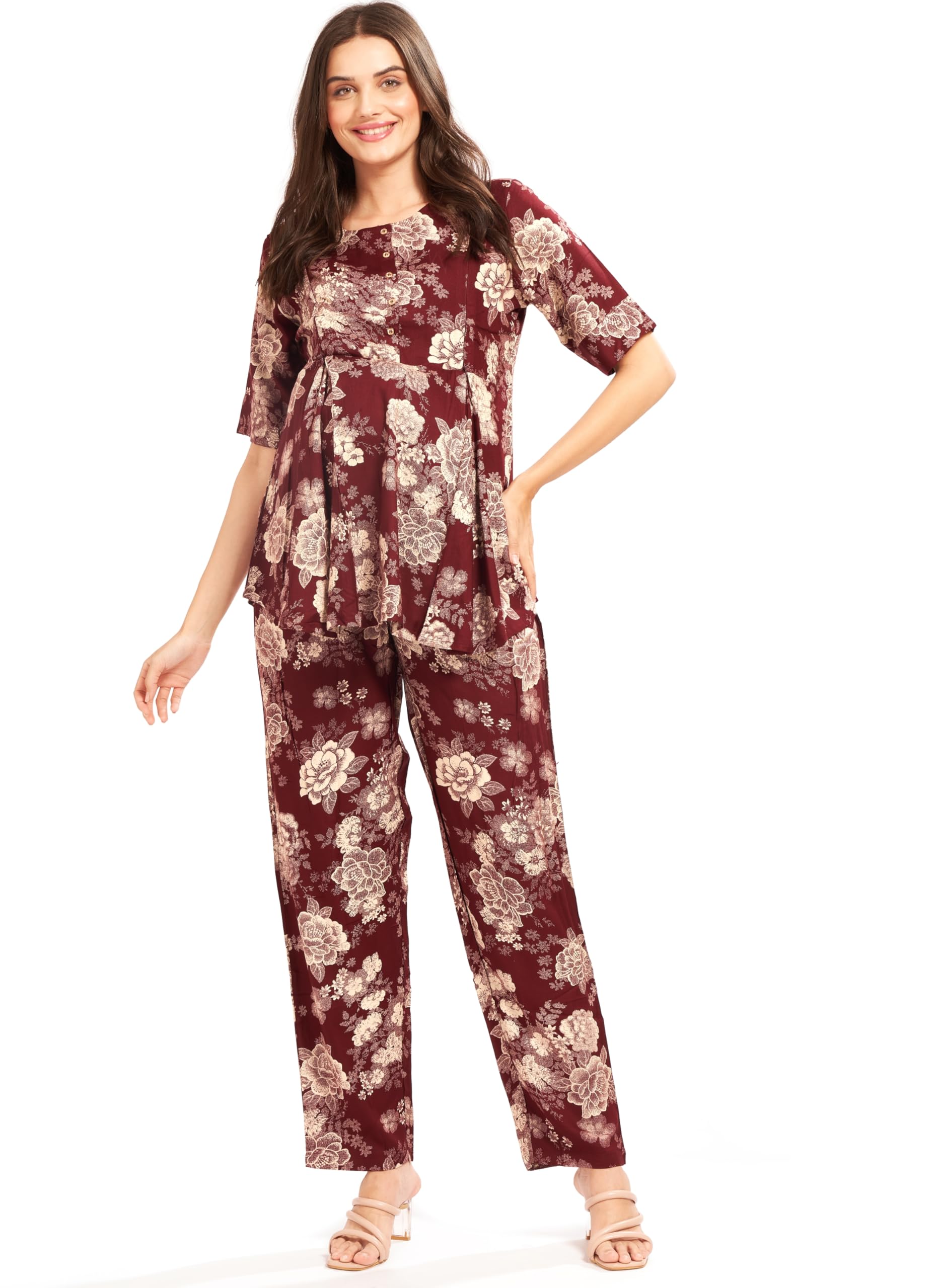 GarbGlide Women Maternity Top & Pyjama Set - Maroon - Image 3