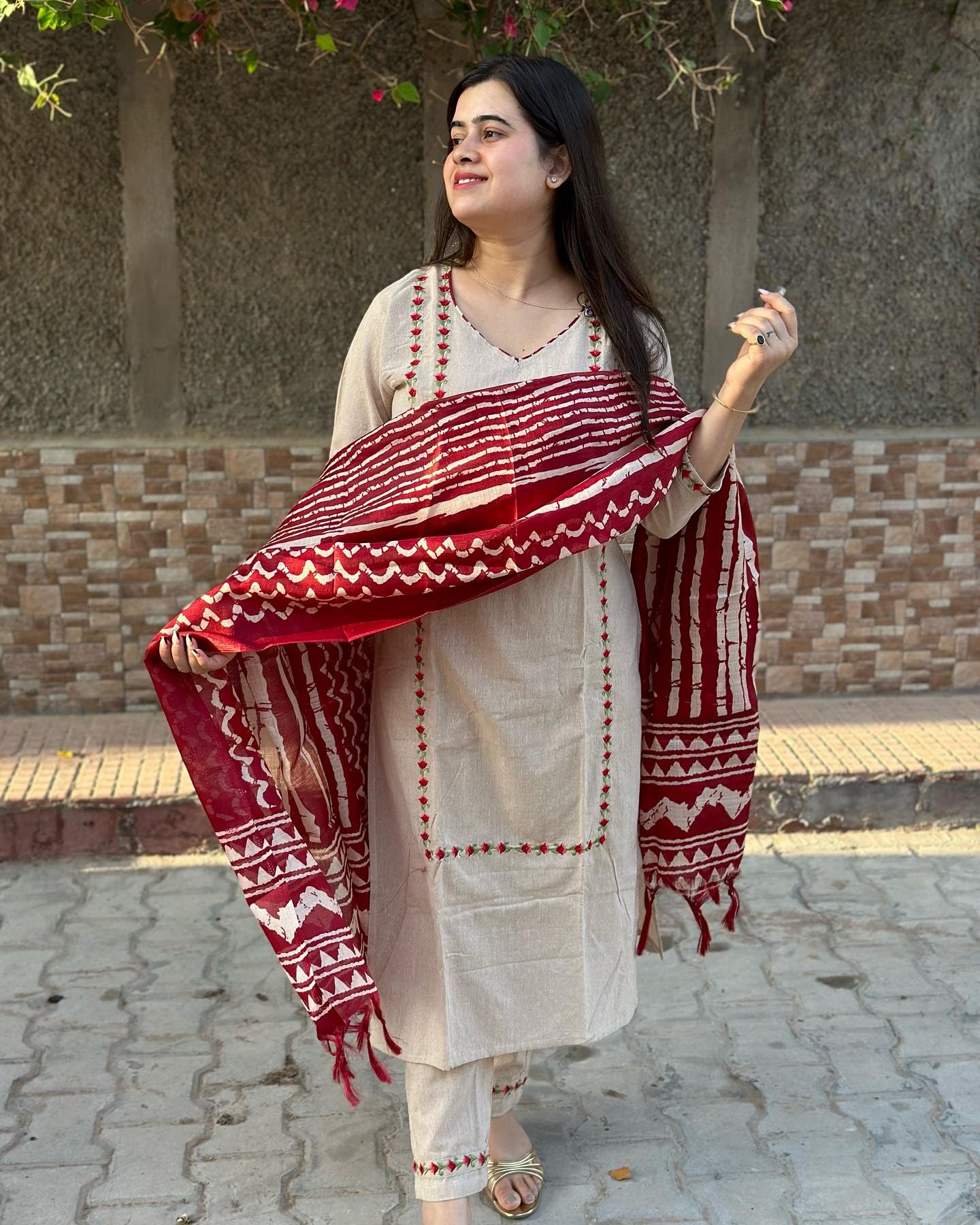 GoSriKi Women's Embroidered Kurta with Pant & Dupatta - Beige - Image 2